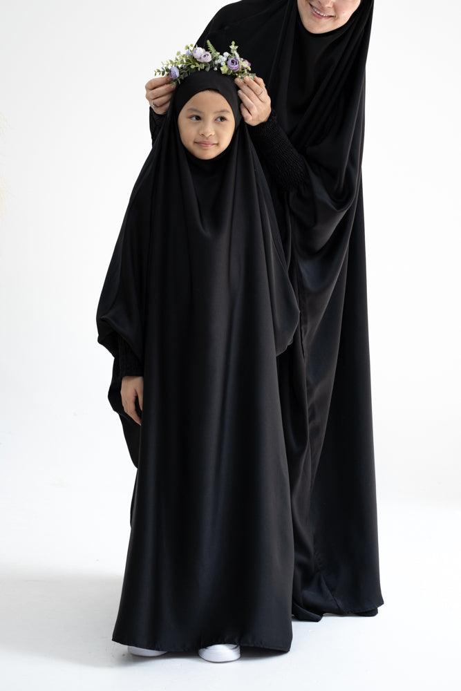 Little Gretaah Khimar Style Prayer Gown for Kids - Black Islamic Dress with Ribbed Sleeve Cuffs - Perfect for Mosque, Eid Celebrations & Religious Ceremonies