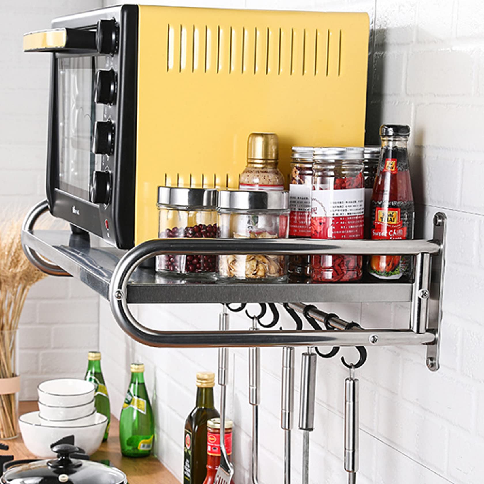 NSMYOOK Universal Stainless Steel Microwave Wall Mount Bracket with 6 Hooks - Heavy Duty Oven Toaster Appliance Shelf for Kitchen & RV Use
