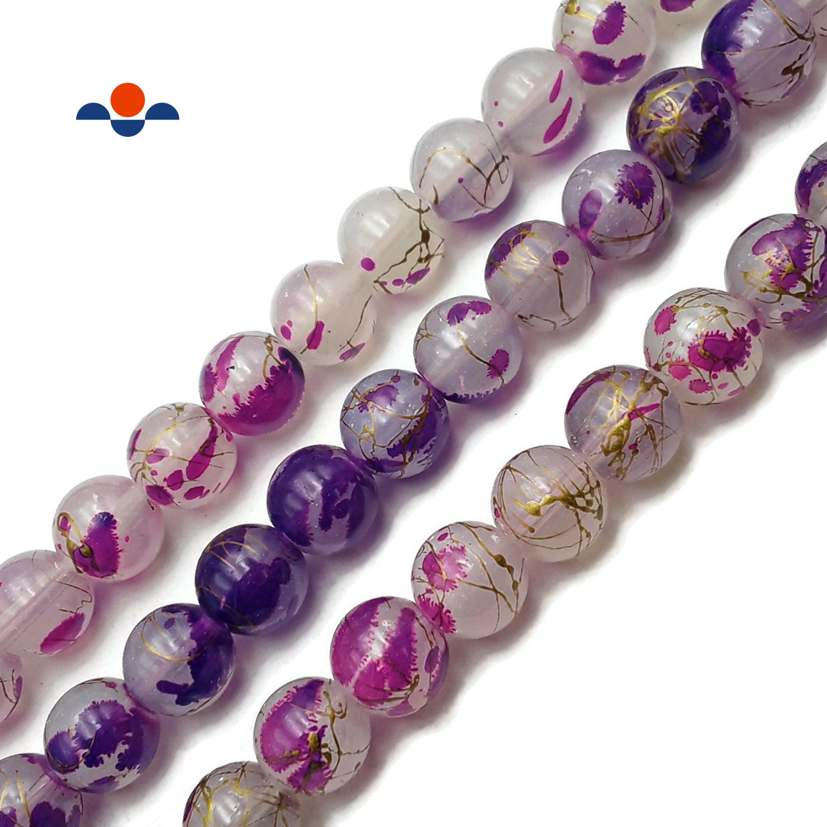 Purple Splash Glass Beads - 14mm Smooth Round Beads (15.5'' per Strand) for Jewelry Making, DIY Crafts, and Home Decor