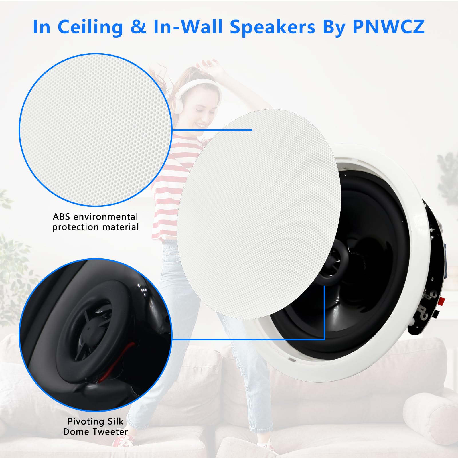 6.5'' Bluetooth In-Ceiling Speakers with Wall Amplifier Receiver - 600W Flush Mount Ceiling & In-Wall Speaker System for Home Theater, Office, Bathroom, Living Room & Kitchen (2 Pairs) - Perfect for Whole-House Audio, Background Music & Immersive Entertainment