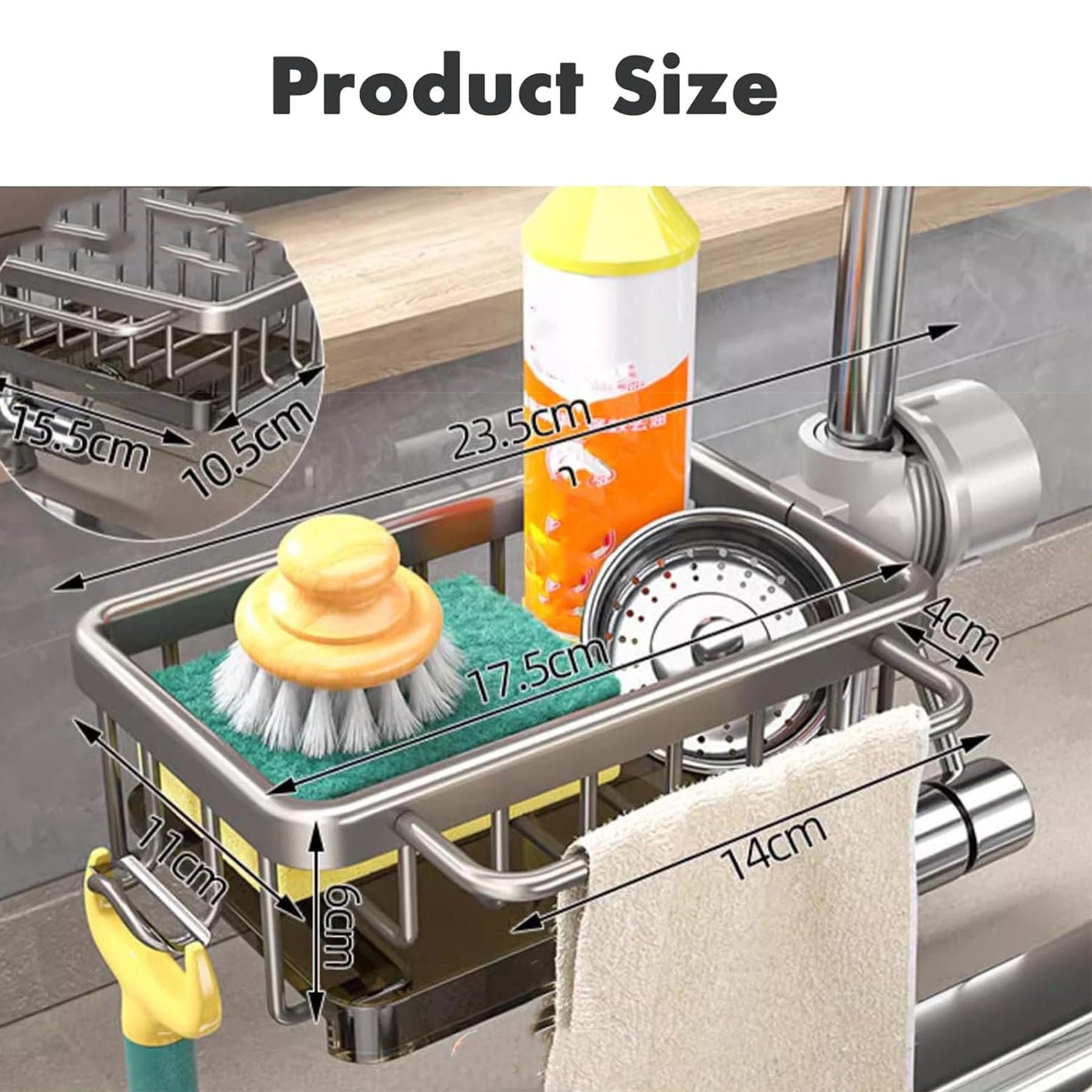2024 New Kitchen Sink Faucet Organizer & Sponge Holder - Adjustable 0.7-1.1 Inch Round Pipe Caddy (Silver, Left) | Perfect for Small Kitchen Spaces & Dishwashing Organization