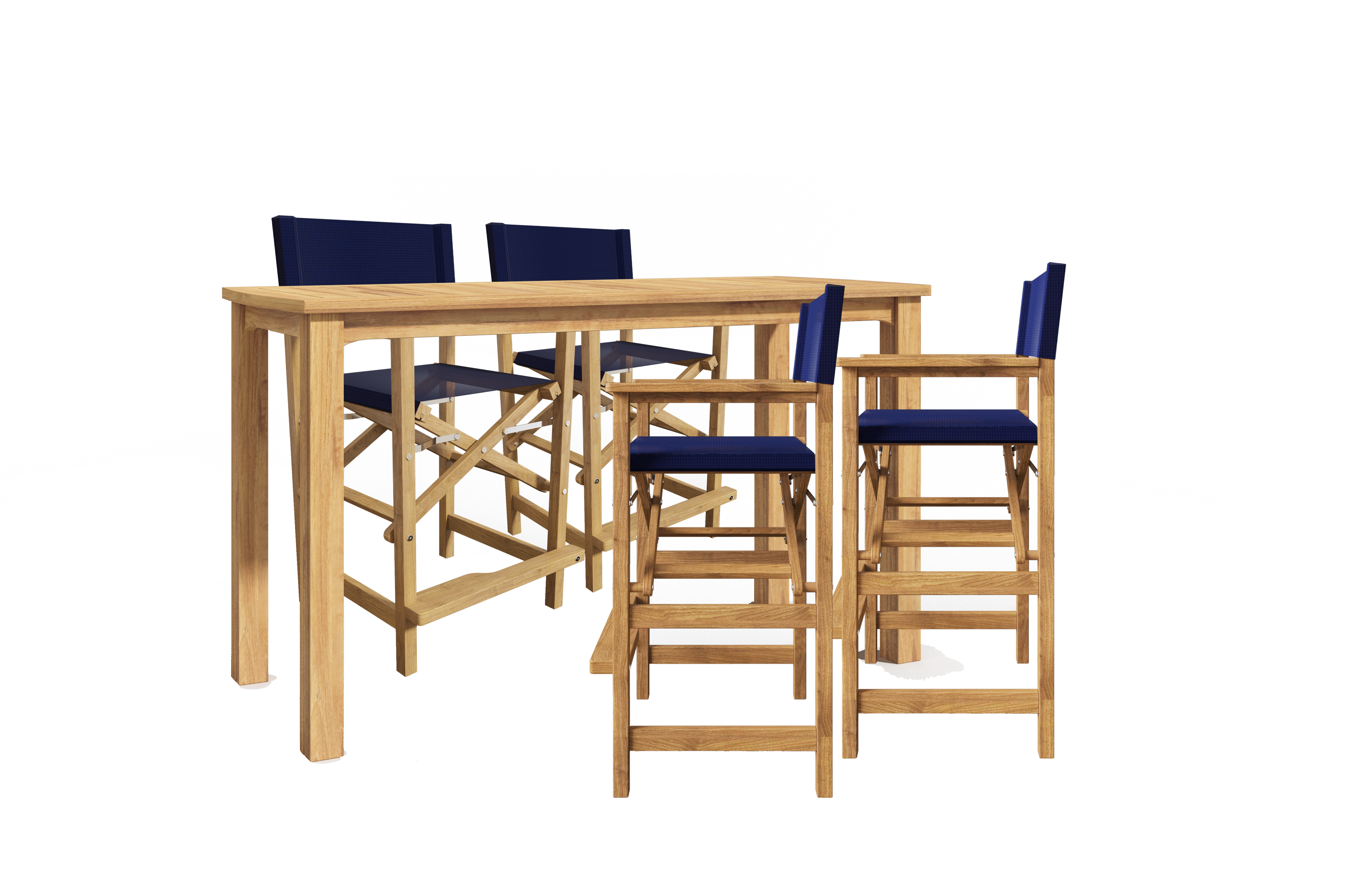 5-Piece Rectangular Teak Outdoor Counter Height Dining Set with Folding Armchairs - Blue Patio Furniture for Garden, Deck & Poolside Dining