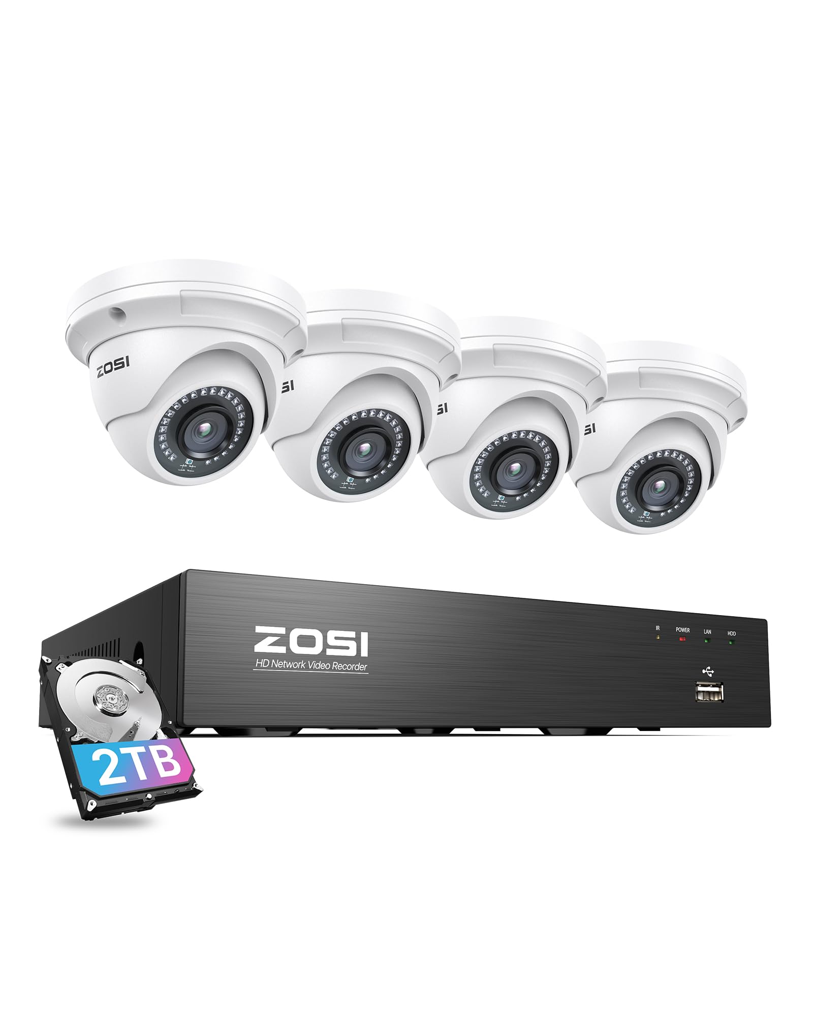 ZOSI 8CH 4K PoE Home Security Camera System with 2TB HDD - 4x 5MP Weatherproof Indoor/Outdoor IP Dome Cameras, Night Vision, Motion Alerts, Remote Viewing, 8-Port 16CH NVR for 24/7 Surveillance - Ideal for Home, Business & Property Security Monitoring