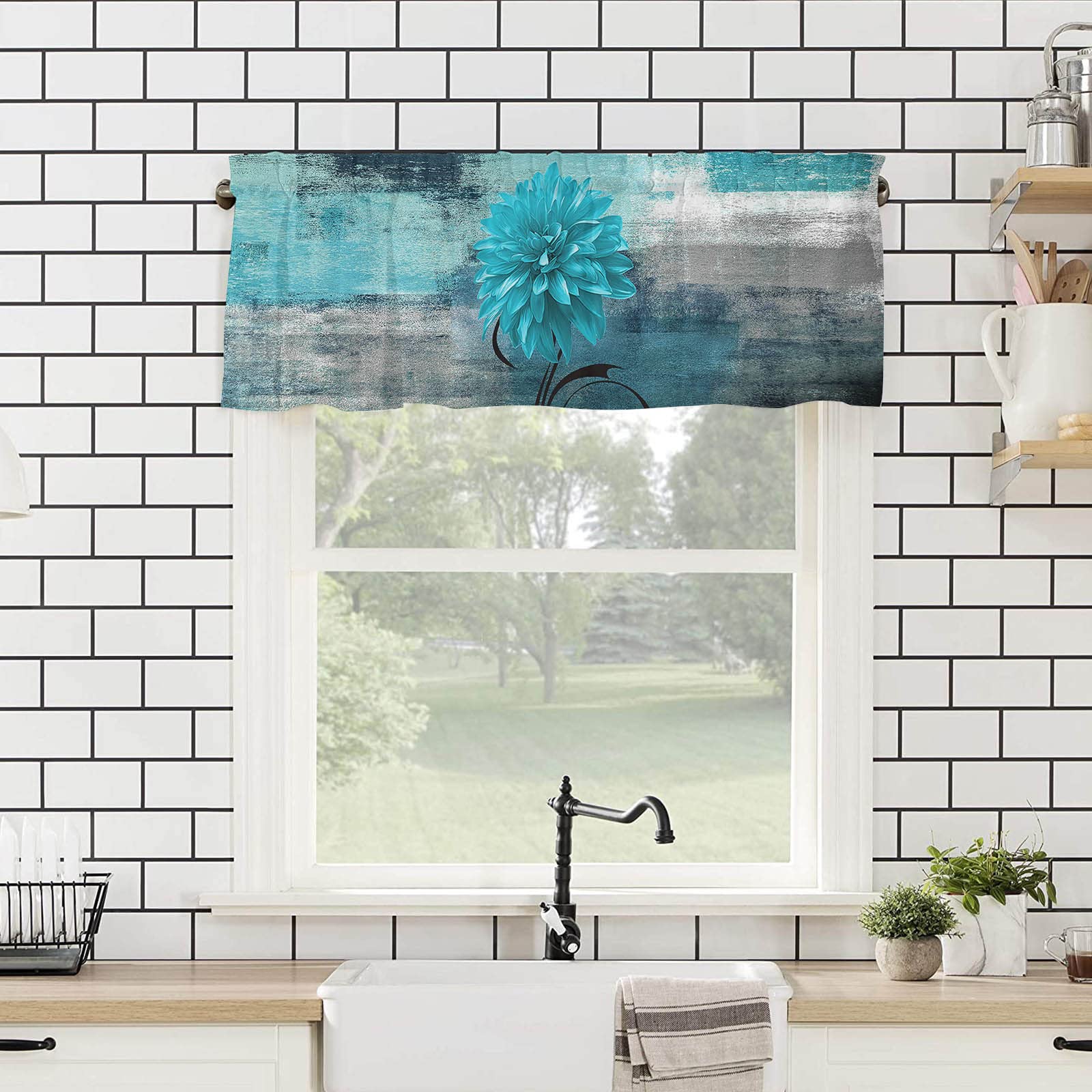 Abstract Graffiti Valance Curtain - Blue Flower for Living Room, Kitchen & Bedroom Decor