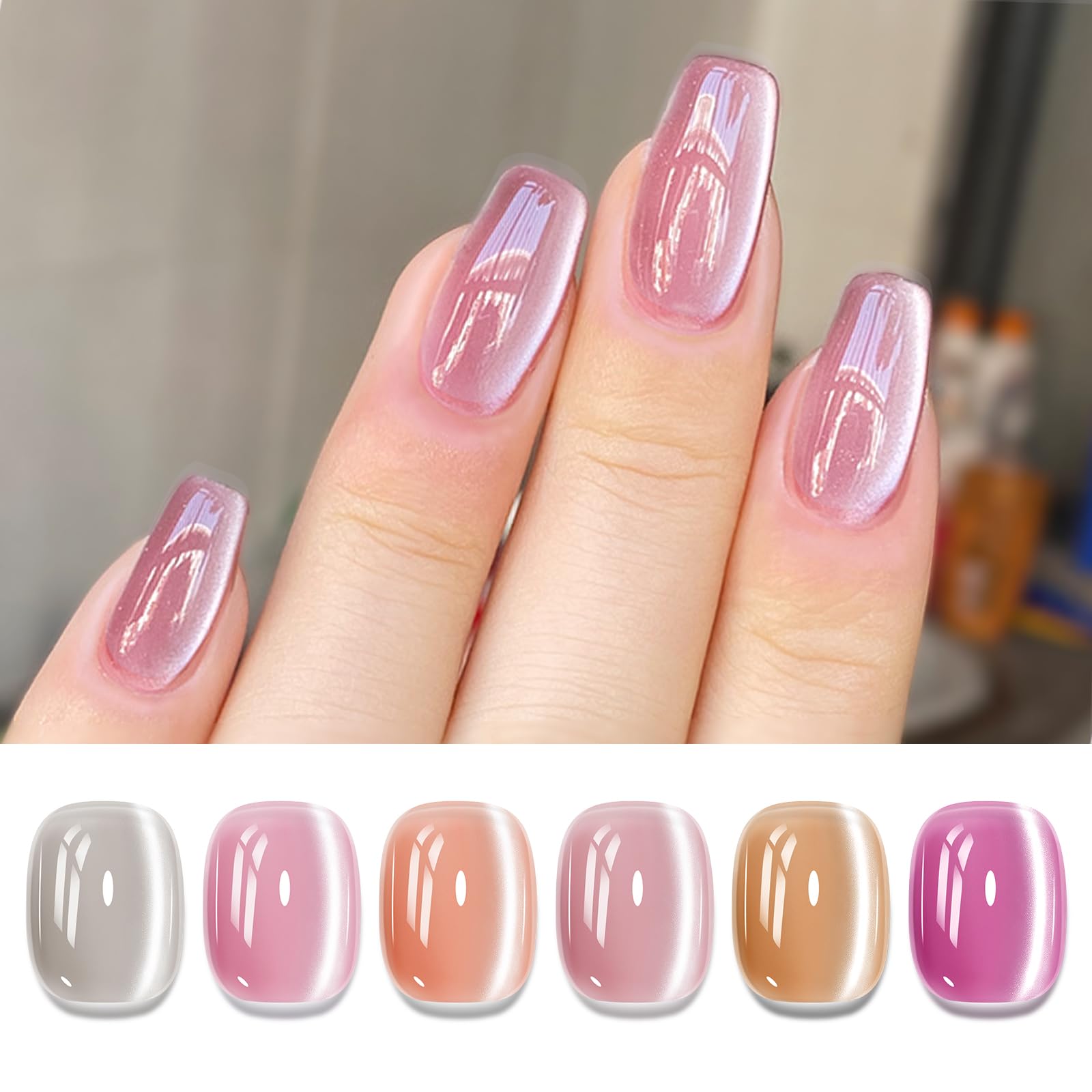 6 Colors Cat Eye Gel Nail Polish Set - Moonlight Glass Magnetic Gel with Shimmer Glitter (Pink, Purple, Gray) | Soak Off & Nail Lamp Friendly | DIY Nail Art at Home for Parties, Weddings & Special Occasions