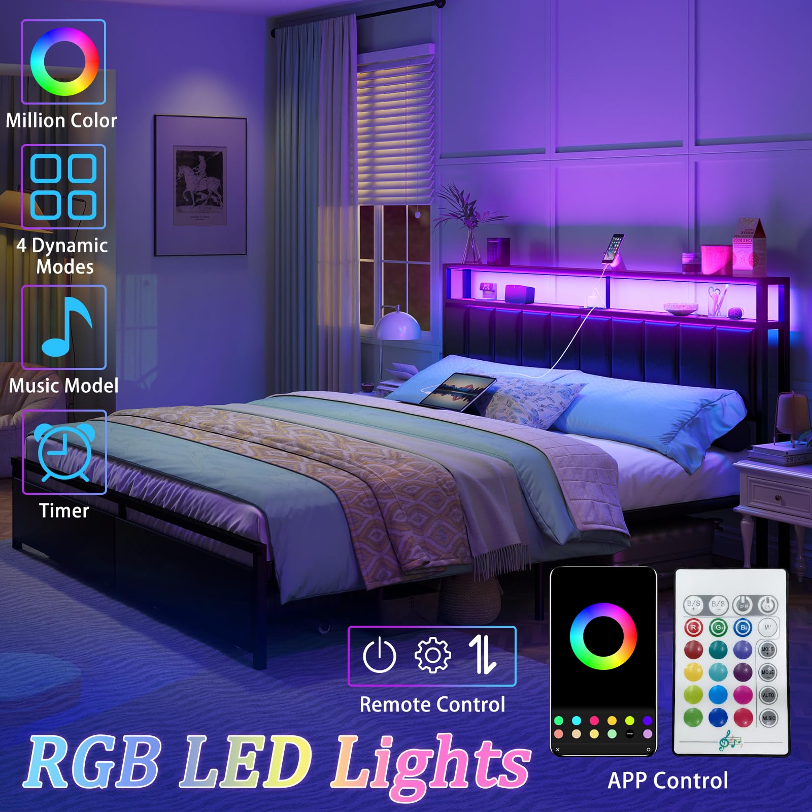 AMERLIFE Queen LED Bed Frame with 2-Tier Storage Drawers, Leather Upholstered Platform Bed with USB Charging Station Headboard - No Box Spring Needed, Easy Assembly, Noise Free, Black - Perfect for Modern Bedrooms, Small Spaces & Tech-Savvy Users