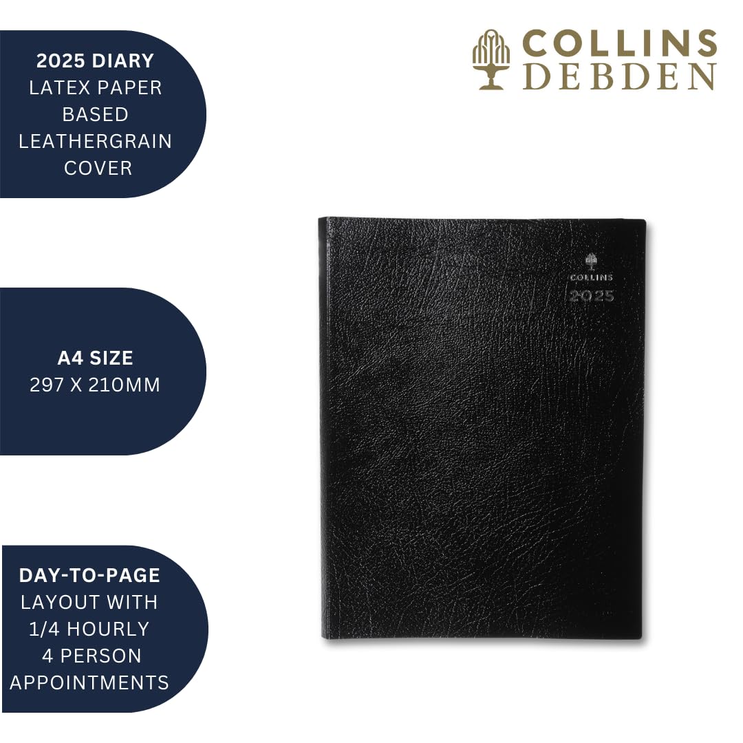 Collins Leadership 2025 Professional Diary - A4 Day Per Page Business Planner with Leathergrain Cover (4-Person Appointments, Graphite CP6742.99-25) - Perfect for Executives, Managers & Entrepreneurs - Ideal for Office Meetings, Client Scheduling & Daily Task Organization