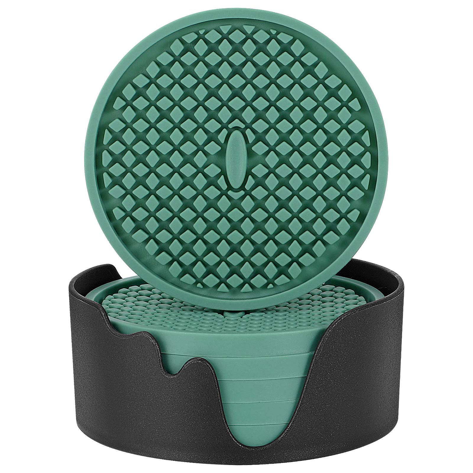 Premium ME.FAN Silicone Coasters Set of 6 - Thickened Non-Slip Drink Coasters with Holder - Waterproof Cup Mats for Coffee, Wine & Beverages - Protects Tables from Stains & Heat Damage (Teal Blue) - Perfect for Home, Office, Restaurants & Outdoor Use