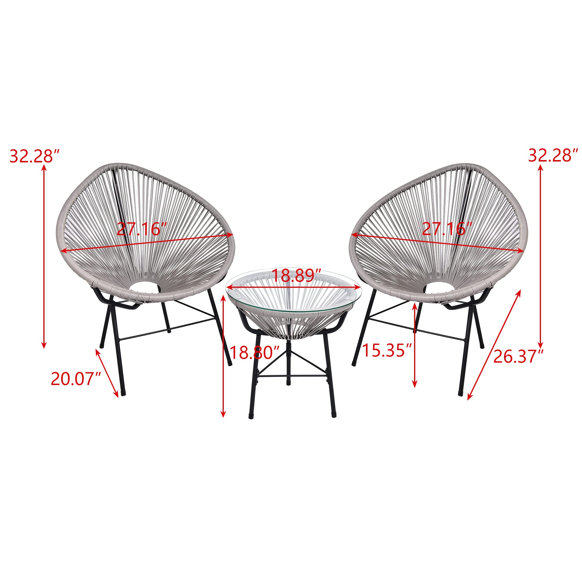 3-Piece Outdoor Patio Furniture Set - All-Weather Hand-Woven PE Rattan Bistro Set with 2 Chairs & Glass Top Coffee Table - Perfect for Backyard, Garden, Balcony & Living Room (Gray & Metal Frame) - Ideal for Relaxing, Entertaining & Outdoor Dining