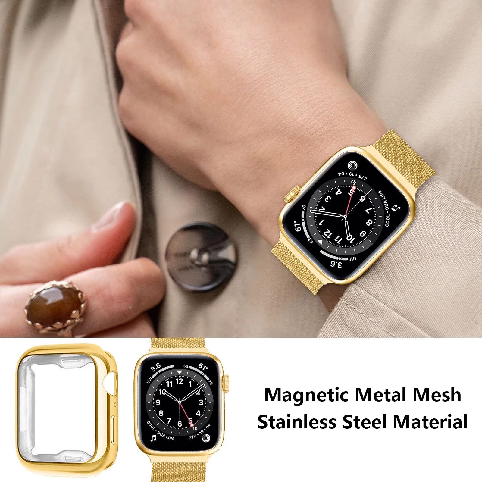 Premium Stainless Steel Band for Apple Watch 38/40/41/42/44/45mm - Magnetic Adjustable Strap with Screen Protector Case - Compatible with iWatch Series 9/8/7/6/5/4/SE/3/2/1 - Perfect for Workouts, Business Meetings & Everyday Wear (Men & Women)
