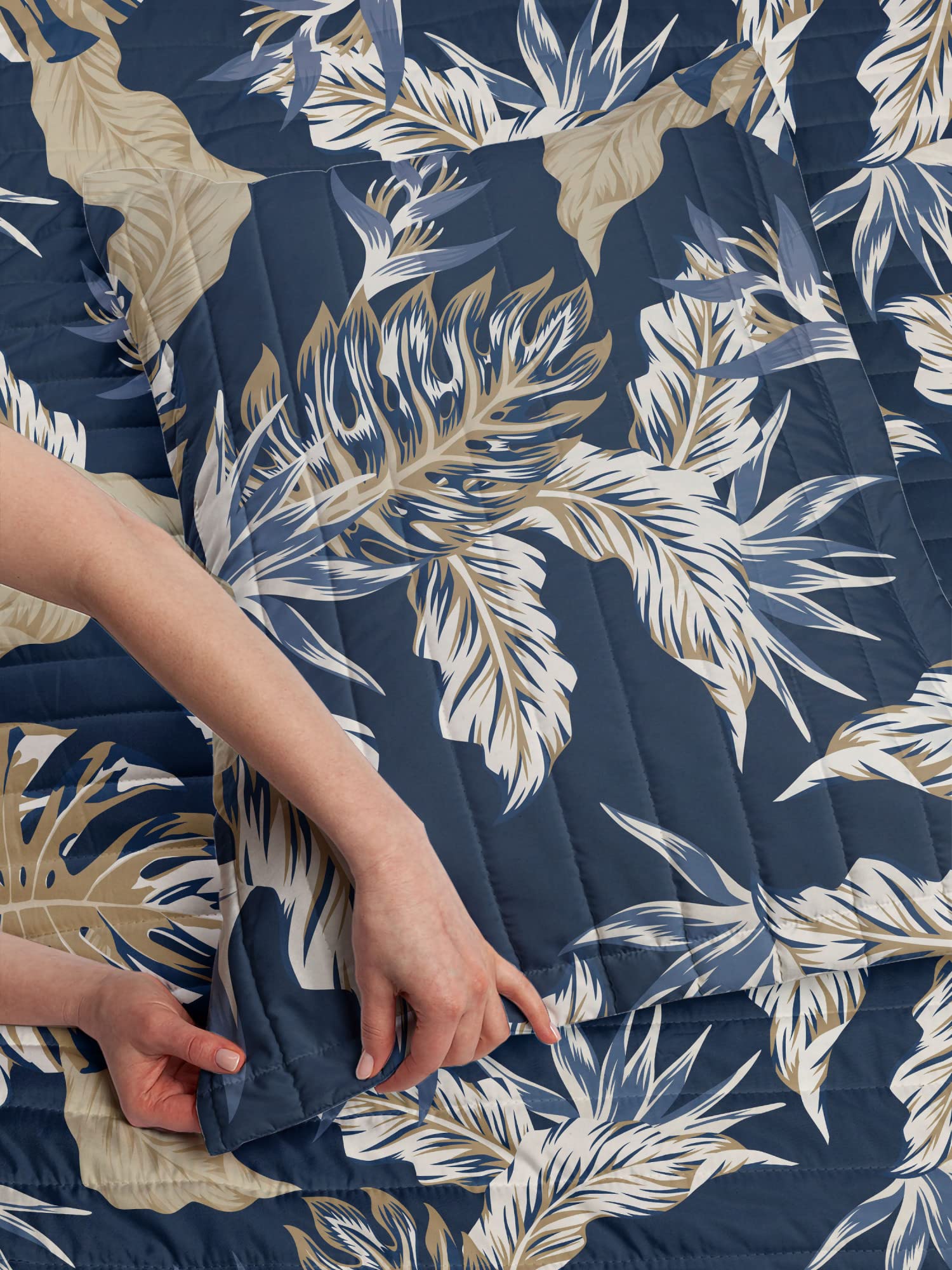 Ambesonne Tropical Reversible King Size Bedspread Set with Pillow Shams - Exotic Rainforest Amazon Foliage Pattern in Dark Night Blue - Microfiber Comforter for Bedroom Decor, Guest Room & Vacation Homes