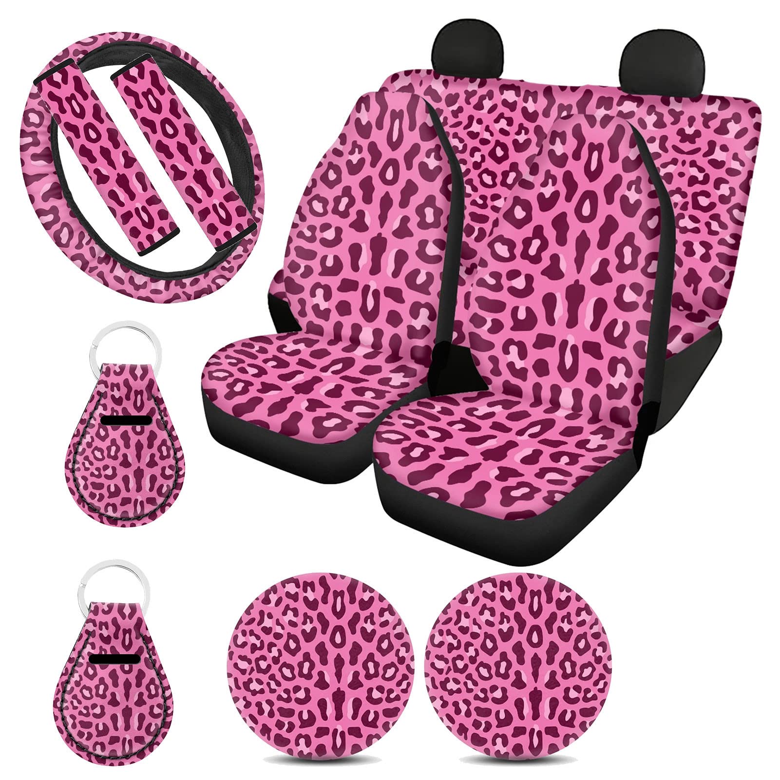 WELLFLYHOM Pink Leopard Print Universal Car Seat Covers Full Set - Steering Wheel Cover, Cheetah Print Seat Belt Pads, Cup Coaster Holder & Keychain for Women - Fits Truck, SUV, Van - Perfect for Road Trips & Daily Commutes