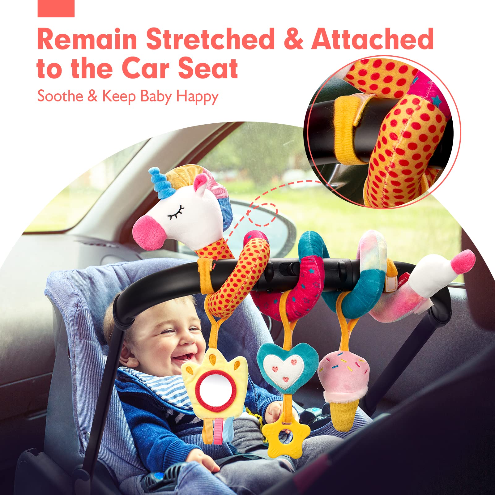Hahaland Baby Car Seat Toys for 0-6 Months - Developmental Rattles, Mirror & Crinkle Toys for Newborn Girls - Perfect Stroller & Crib Toys for Sensory Play & Early Learning - Great Easter Gift for Infants