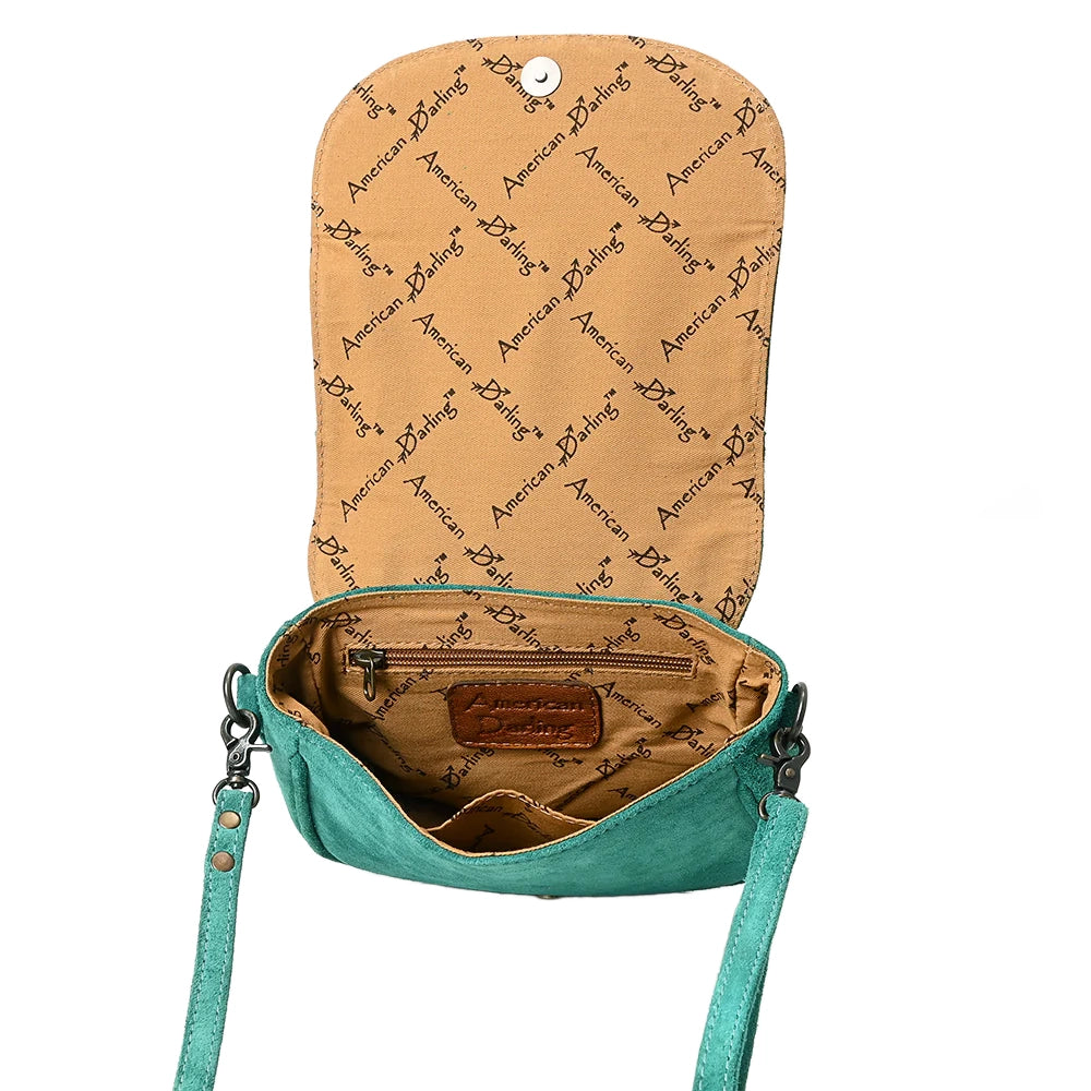 American Darling Turquoise Roughout Boot Stitch Leather Crossbody Bag - Stylish Western Handbag for Women, Perfect for Casual Outings, Date Nights & Country Music Festivals