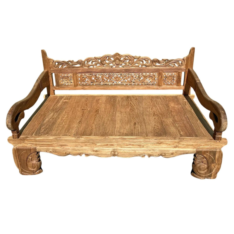 Hand Carved Solid Wood Daybed Bench - Natural Wooden Sofa Bed for Living Room, Bedroom, or Outdoor Patio - Perfect for Lounging, Napping, and Extra Seating