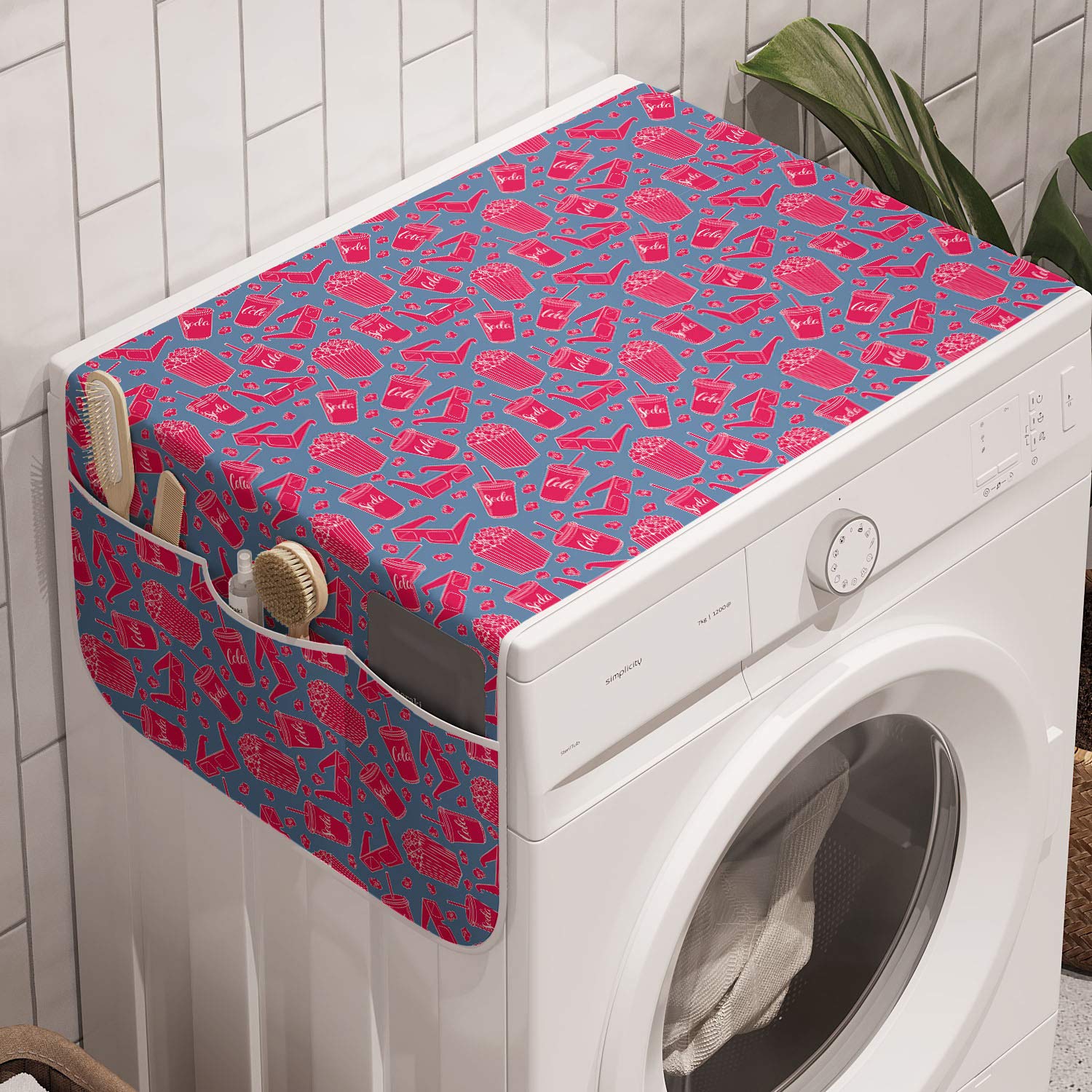 Lunarable Anti-Slip Washing Machine Cover with Soda Popcorn 3D Glasses Print - 47