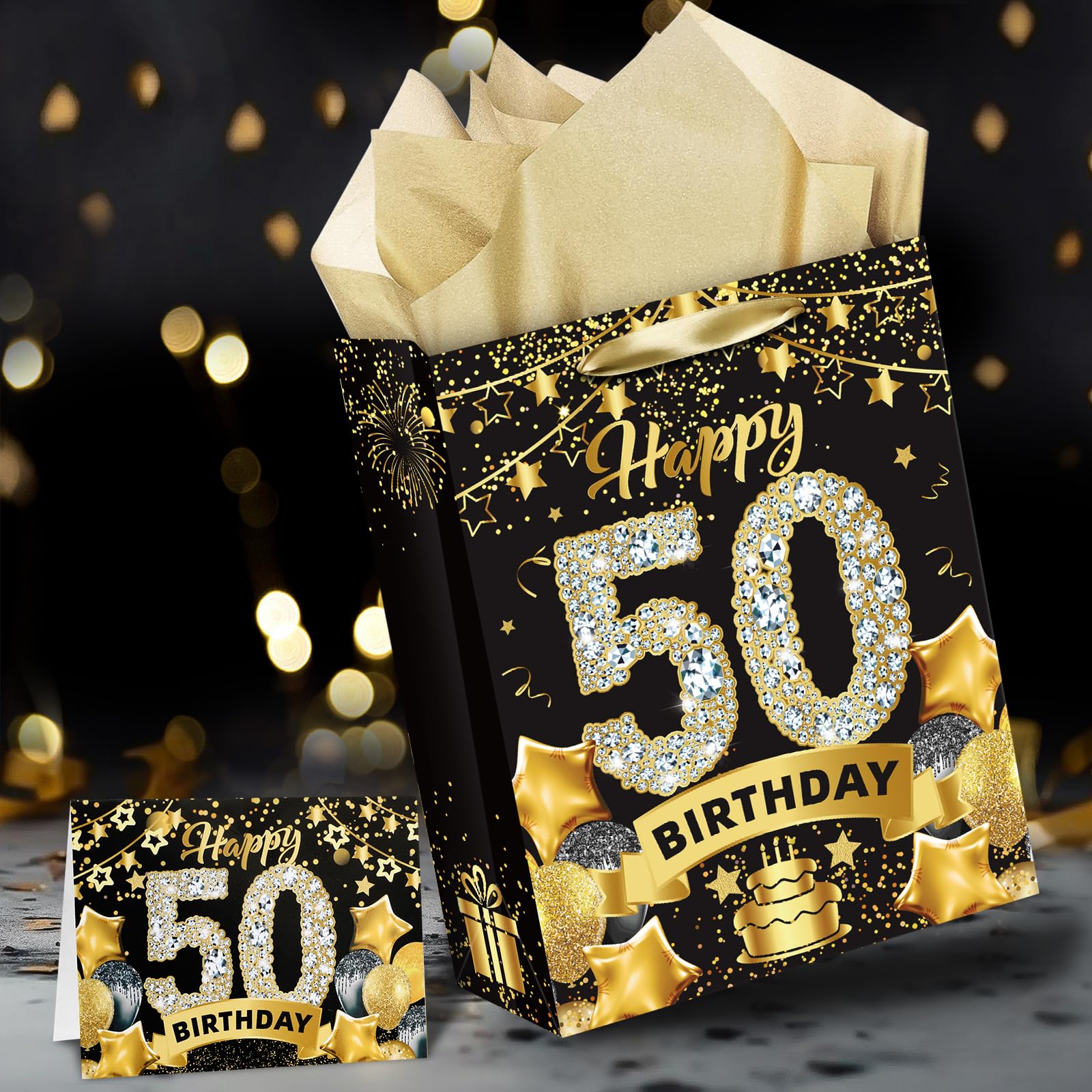 Premium Black & Gold 50th Birthday Gift Bags Set - Includes Tissue Paper & Greeting Card - Elegant Candy Wrapping Bags for Men & Women - Perfect for Christmas, Anniversary & Milestone Celebrations - Great for Party Favors, Candy Packaging & Special Occasion Gifts