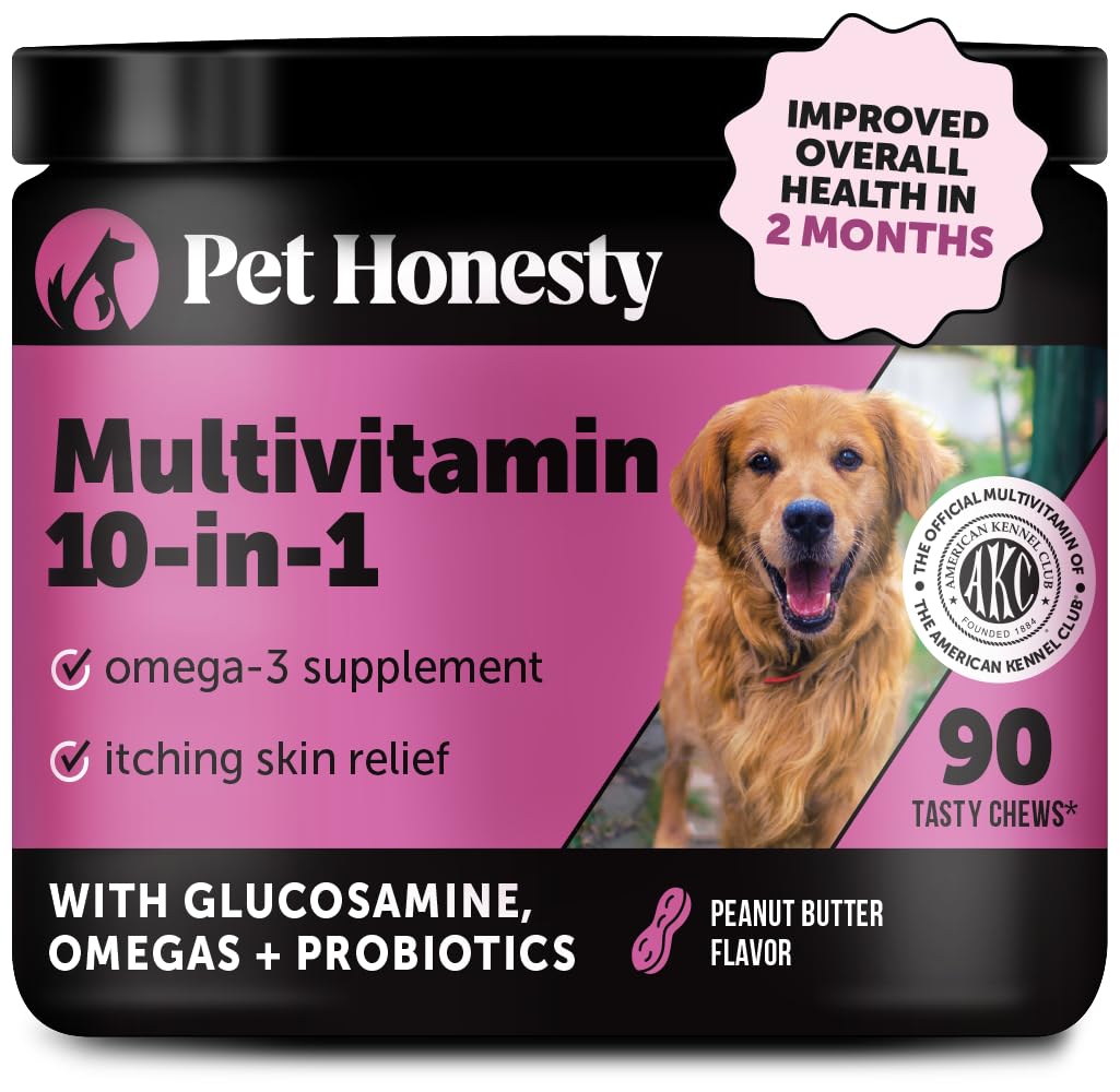 Pet Honesty Multivitamin Dog Supplement with Glucosamine, Chondroitin, Probiotics & Omega Fish Oil - Supports Skin, Coat & Allergy Relief - Peanut Butter Flavor (90 Count) - Ideal for Daily Health & Joint Care for Dogs