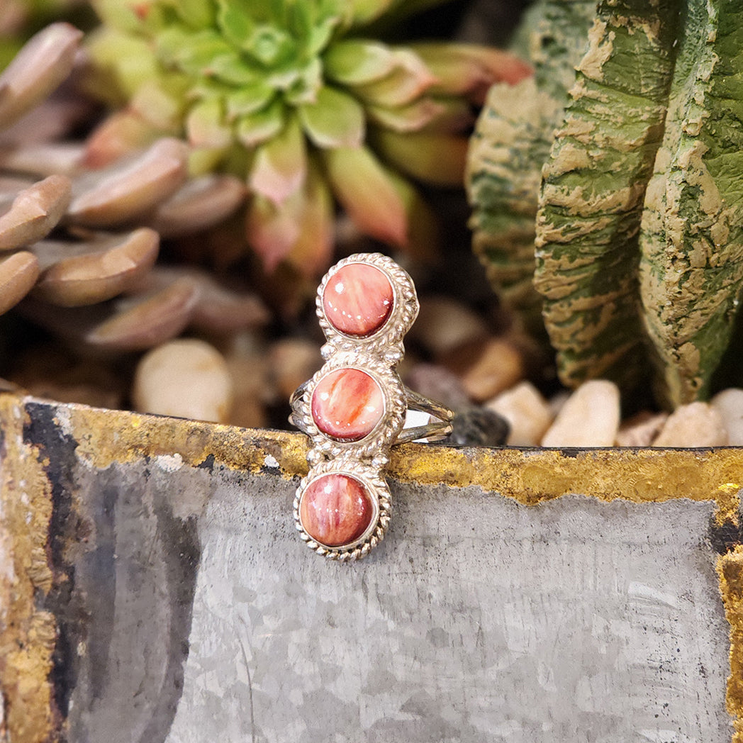 Frankie 3 Stone Spiny Oyster Ring - Handmade Sterling Silver Jewelry for Women | Boho Chic Statement Ring for Beach Wedding, Date Night & Special Occasions