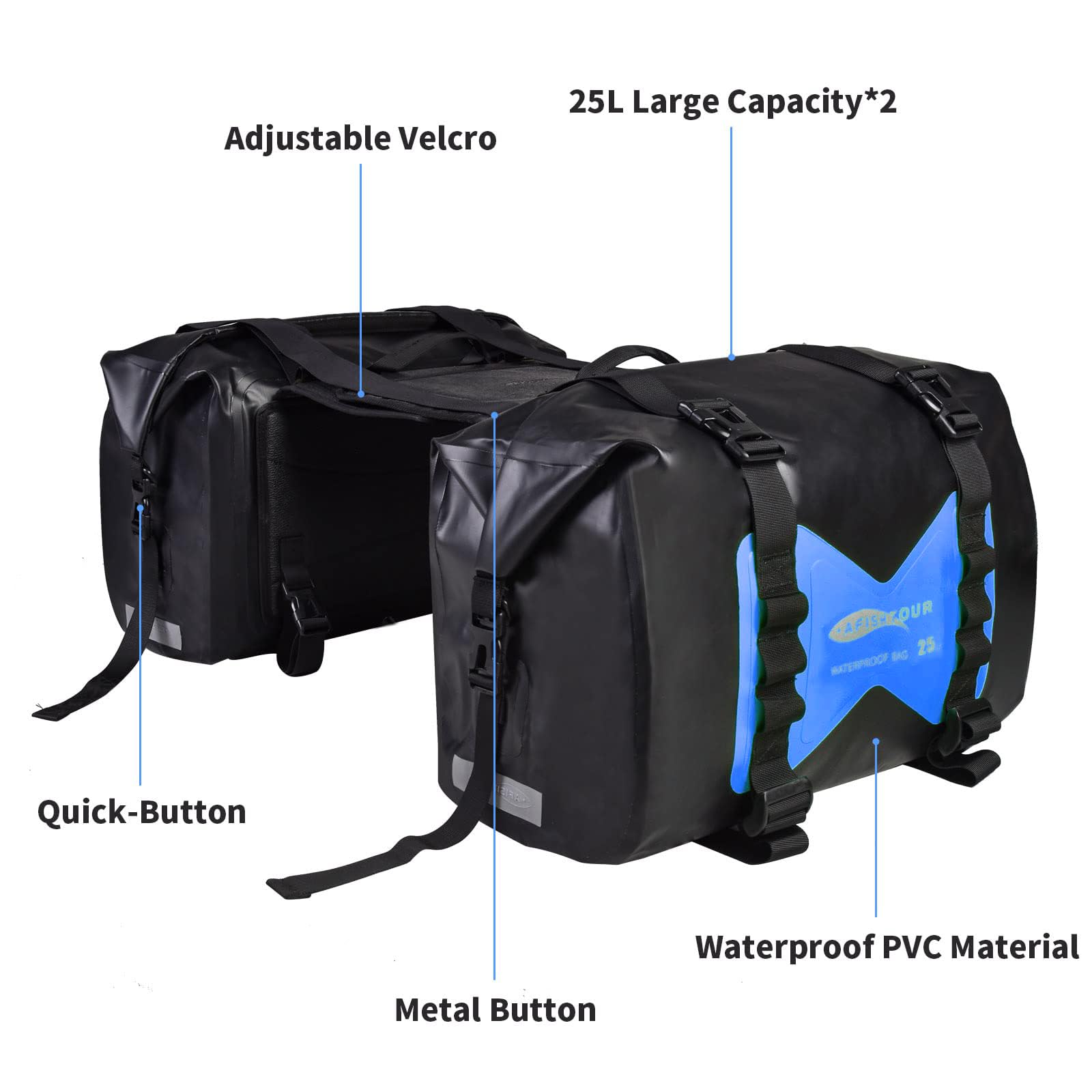 Waterproof Motorcycle Saddlebags 50L - Detachable Motorcycle Luggage Bags for Travel - Durable Panniers Bags for Scooter, Honda, Suzuki, Yamaha (Blue, 2 Pack) - Perfect for Long Distance Riding & Adventure Trips