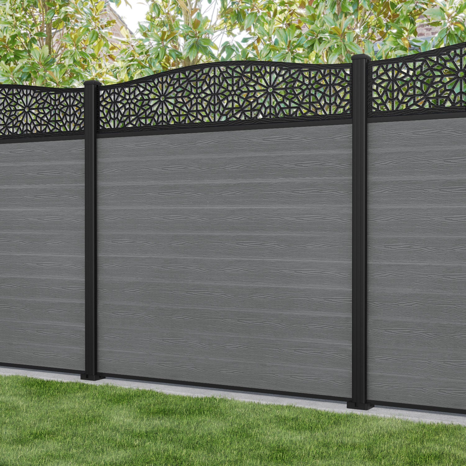 Classic Alnara Curved Top Fence Panel - Mid Grey Aluminum Privacy Fence with Sturdy Posts | Perfect for Backyard, Garden, and Patio Security & Decoration