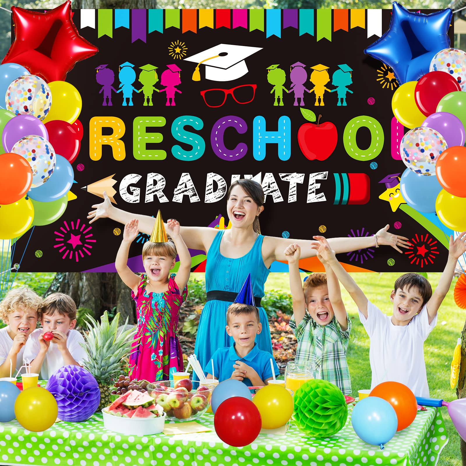 Oudain 2025 Preschool Graduation Party Decorations Kit - Includes Kindergarten Graduation Backdrop & Balloon Garland for Pre-Elementary Celebration - Perfect for Classroom Decorations, Graduation Ceremonies & Photo Booths (Black)
