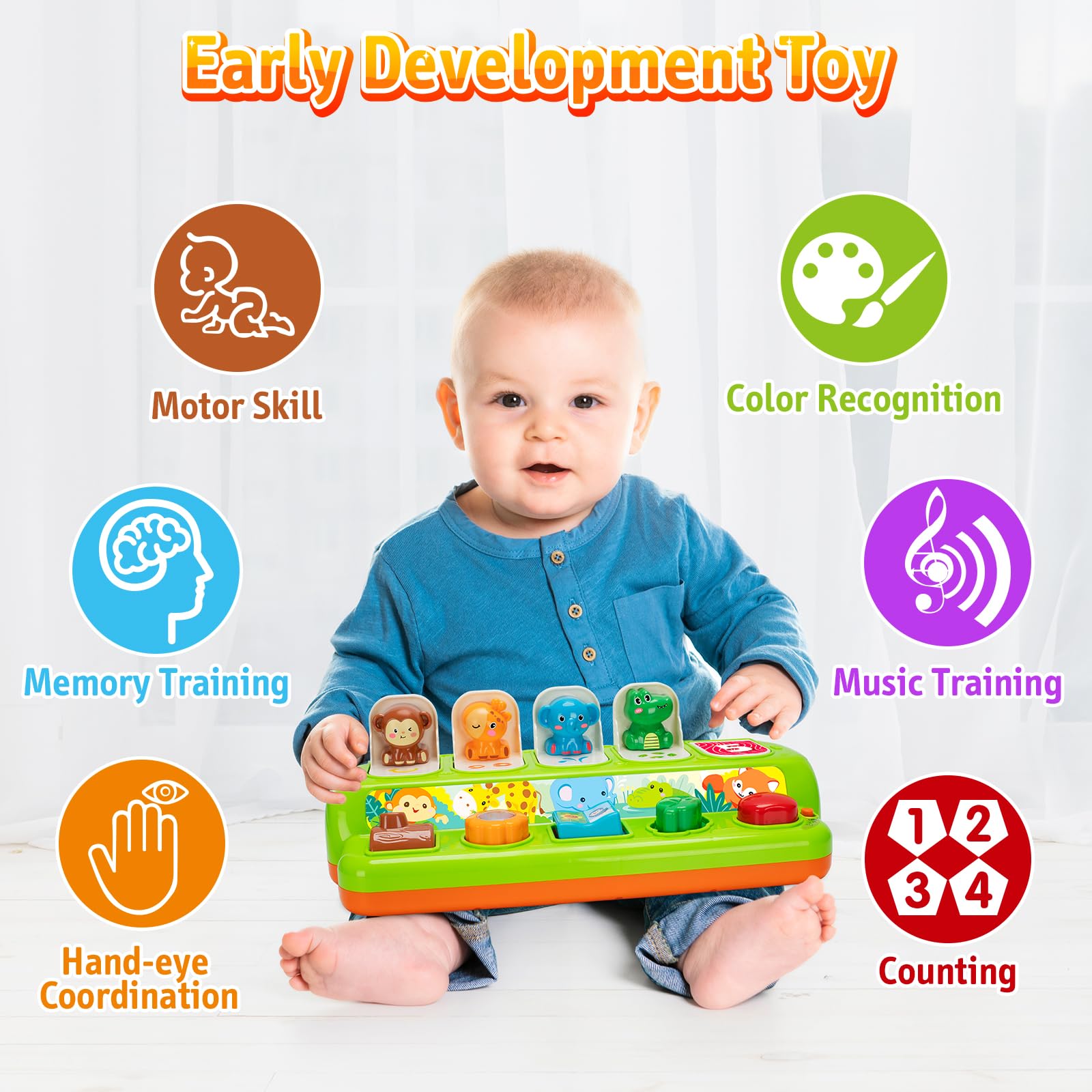 Interactive Pop Up Toys for Babies & Toddlers 9-18 Months - Montessori Cause and Effect Learning Toys with Music & Lights - STEM Educational Gift for 1 Year Old Boys & Girls - Perfect for Early Childhood Development and Sensory Play