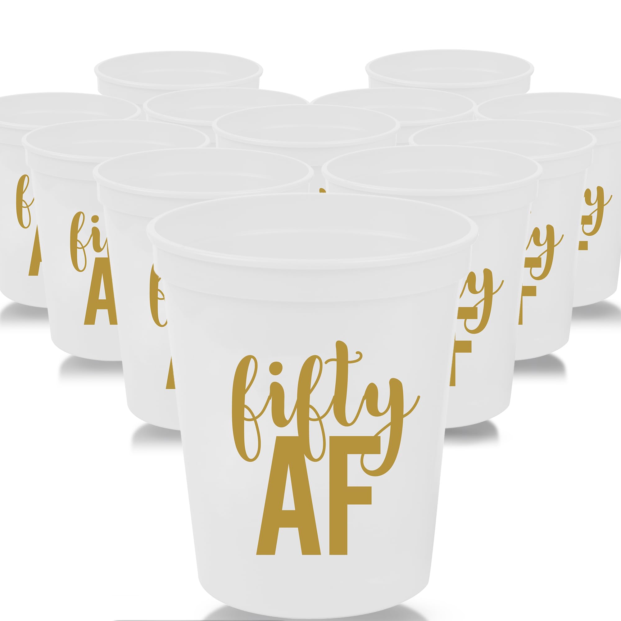 50th Birthday Party Cups - Set of 12 (16oz) Black Stadium Cups with 'Fifty AF' Print - Perfect for 50th Birthday Decorations, Favors & Celebrations - Great for Beer, Cocktails & Party Drinks (White)