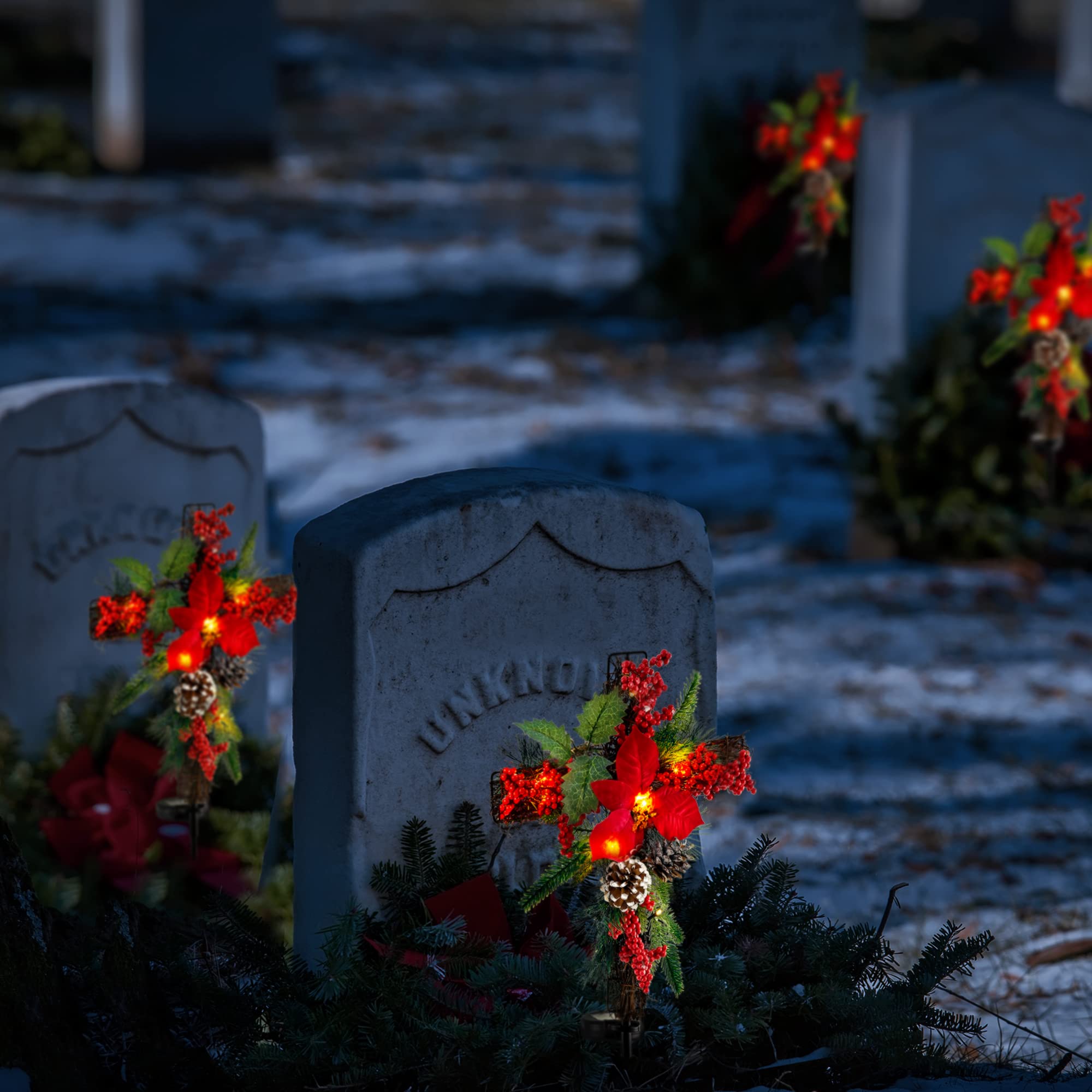 Outdoor Solar Christmas Decorations LED Lights - Waterproof Cross Stake for Garden, Lawn, Yard & Cemetery - Set of 2 with Faux Pine Cones & Foliage - Perfect for Holiday Grave Decorations & Festive Outdoor Lighting