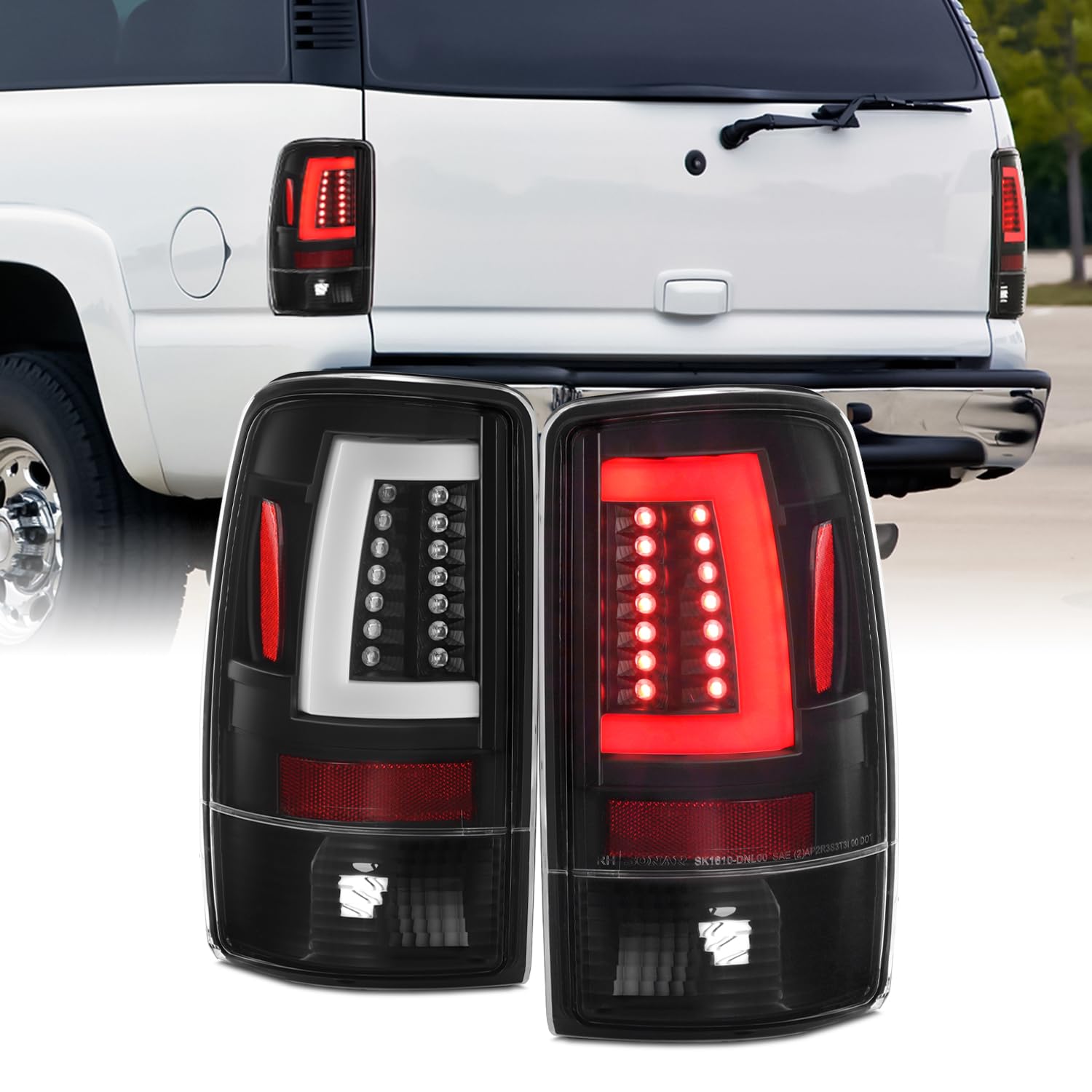 AKKON C-Shape LED Tail Brake Lights for 2000-2006 Chevy Suburban Tahoe & GMC Yukon XL - Black Left+Right Pair - Enhanced Visibility & Style for Night Driving & Off-Road Adventures
