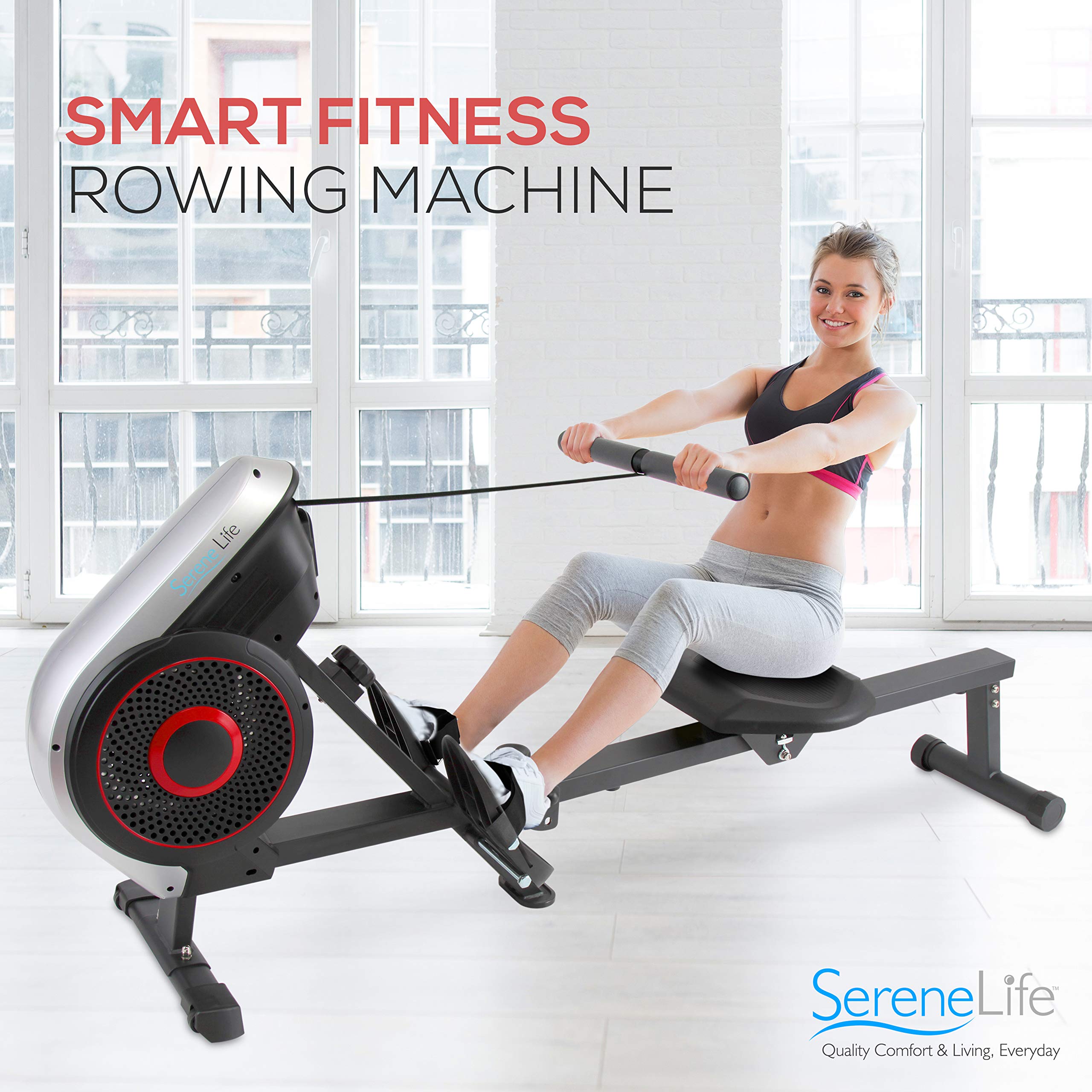 SereneLife Air & Magnetic Rowing Machine with LCD Monitor - Track Time, Distance, Stride & Calories Burned - Home Gym Cardio Equipment for Full Body Workout - Perfect for Indoor Fitness, Weight Loss & Cross Training