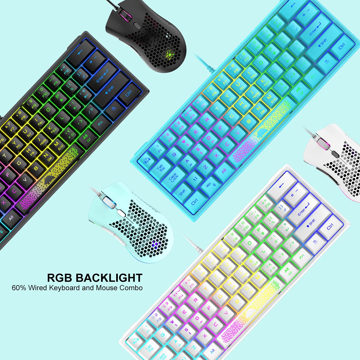 60% RGB Mechanical Feel Gaming Keyboard & 6400 DPI Honeycomb Optical Mouse Combo with LED Backlight - Includes Gaming Mouse Pad | Perfect for PC Gamers, Esports & Office Typists