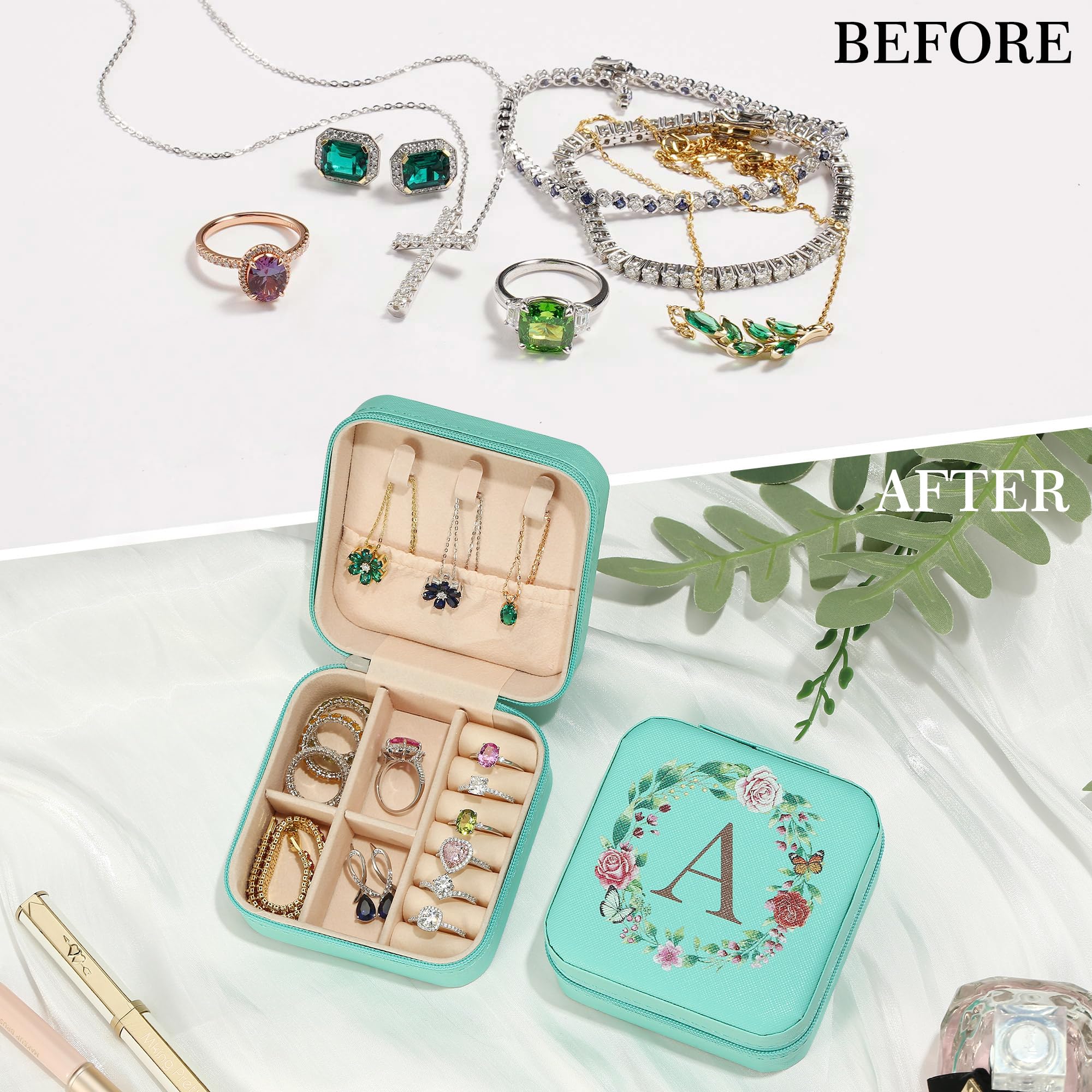 Personalized Initial Jewelry Box for Women - Small Travel Jewelry Case with Monogram Letter A in Blue | Valentines Day, Birthday & Anniversary Gift Ideas for Her | Perfect for Travel, Home Storage & Special Occasions