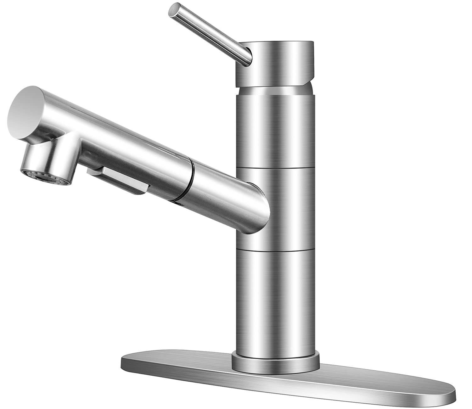 KINFAUCETS Single Handle Pull-Out Kitchen Faucet - Brushed Nickel Stainless Steel Low Arch Design with Pull-Down Sprayer - Perfect for RV, Bar & Utility Sink Applications