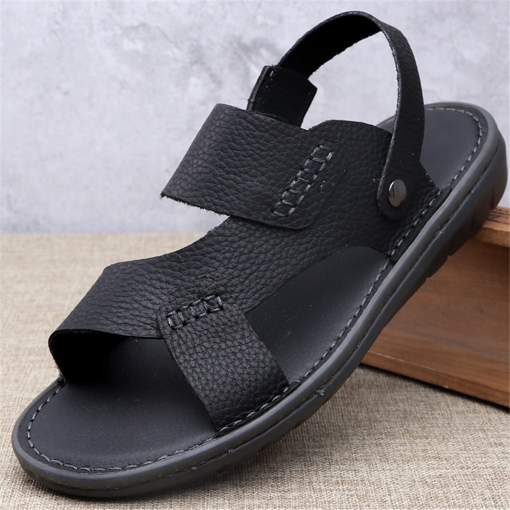 Men's PU Leather Beach Sandals - Summer Casual Flat Sandals for Men - Breathable Comfortable Solid Slippers (Black, Size 41) - Perfect for Beach Vacations, Poolside Lounging & Summer Outdoor Activities