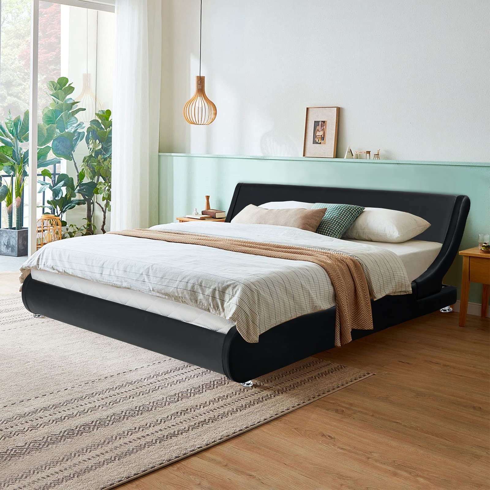 Giantex Upholstered Queen Bed Frame with Adjustable Headboard - Faux Leather Platform Bed with Wood Slat Support, Low Profile Curved Design, No Box Spring Needed - Perfect for Modern Bedrooms, Guest Rooms & Small Spaces