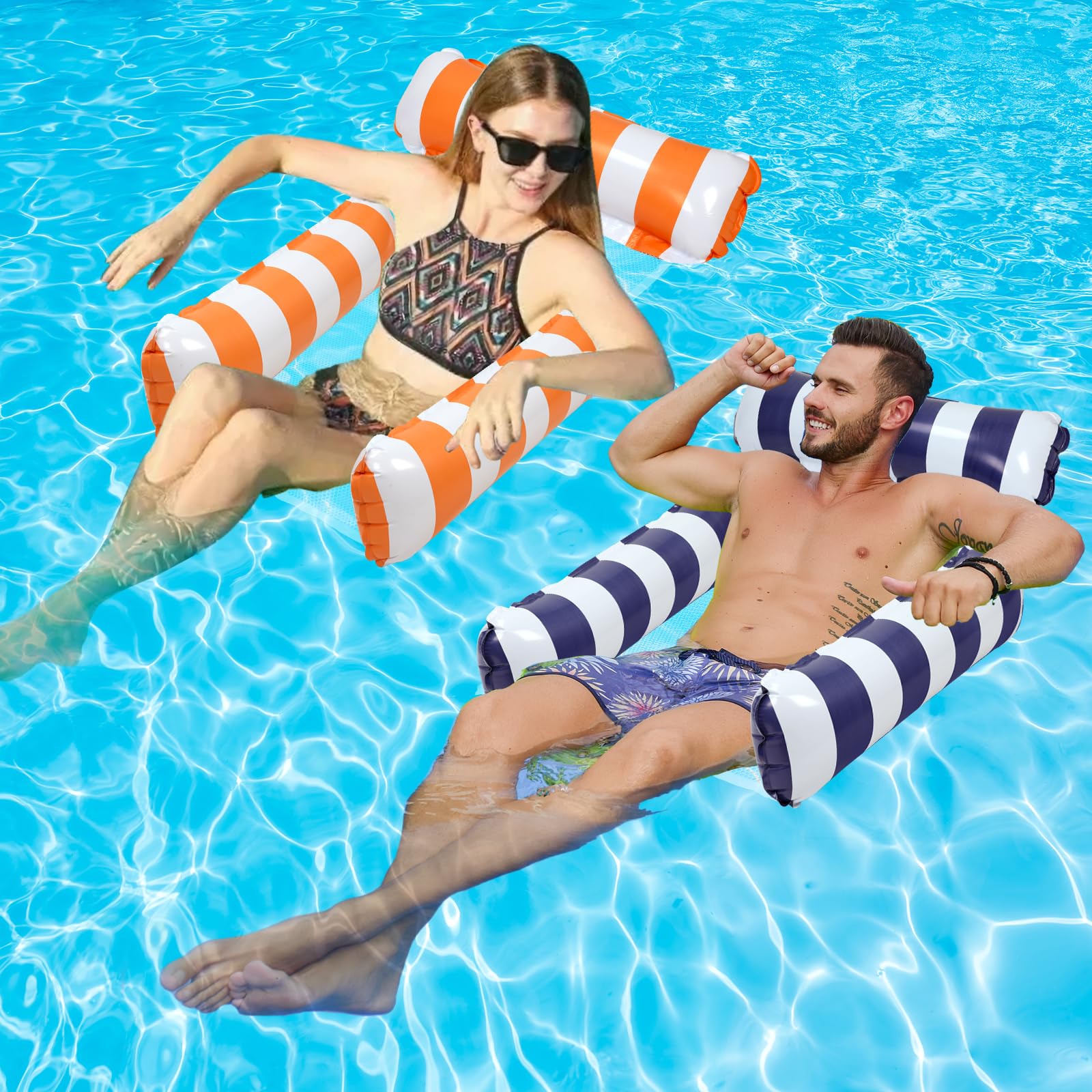 2 Pack Inflatable Pool Floats - 4-in-1 Pool Hammock with Bottom Mesh & 3 Tubes for Adults, Portable Floating Chair Bed for Travel, Swimming Pool, Hot Tub, Lake or Beach Relaxation
