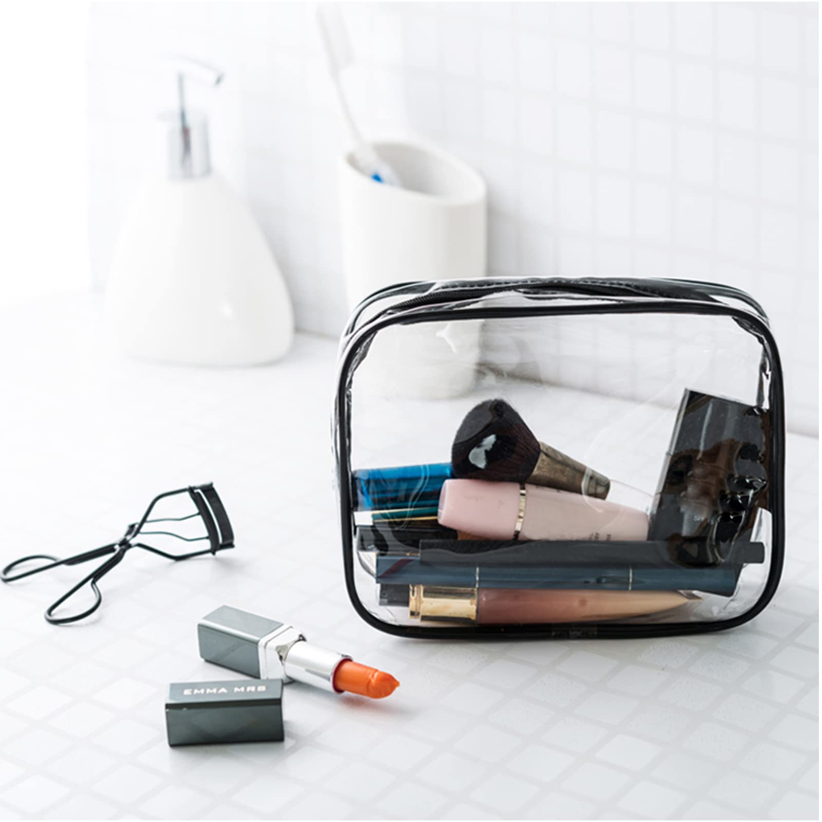 **Clear Travel Toiletry Bag - Waterproof PVC Makeup Organizer with Zipper for Men, Women & Kids | Perfect for Airplane, Gym & Weekend Trips (Black, M/L)**