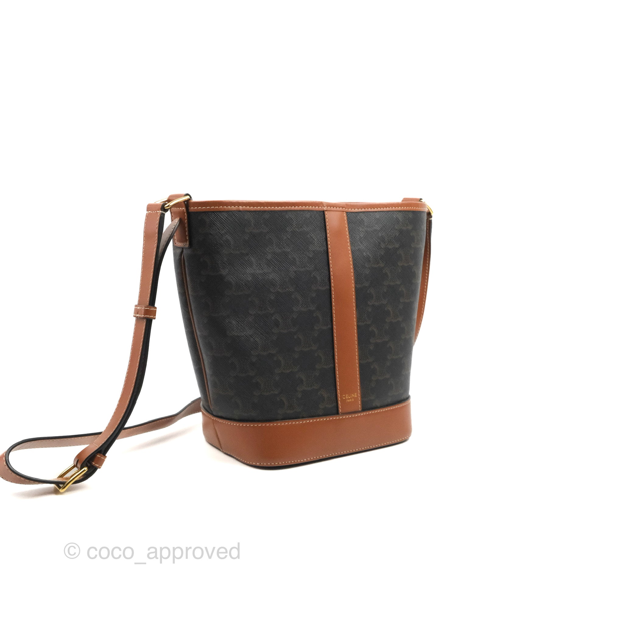 Celine Small Bucket Bag in Triomphe Canvas & Tan Calfskin Leather - Perfect for Everyday Use, Work & Travel Accessories