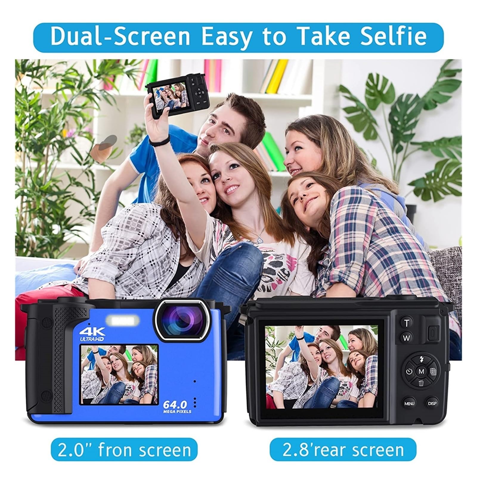 MZZYG 4K UHD Dual Screen Video Camera - 64MP Photography Camera with 16X Zoom, Selfie Recorder & Vlog Camcorder for YouTube, Live Streaming Webcam (Includes 64GB SD Card & Extra Battery) - Perfect for Travel Vlogging, Home Recording, and Online Meetings