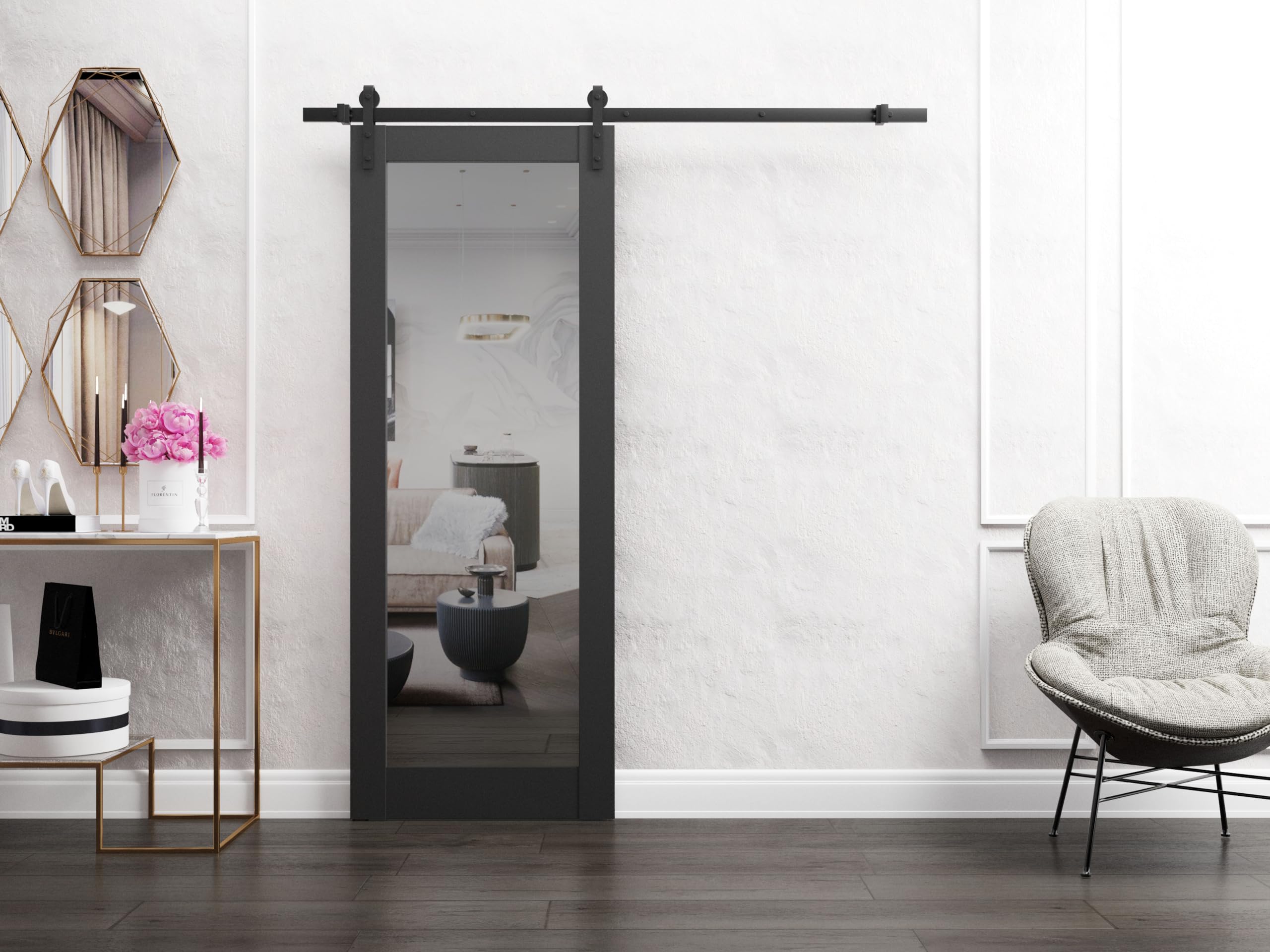 SARTODOORS - 42 x 80 Inch Solid Wood Barn Door with Mirror | Matte Black Lucia 1299 Style | Heavy Duty 8FT Sliding Rail Hardware Kit | Rustic Interior Door for Bedroom, Bathroom or Closet