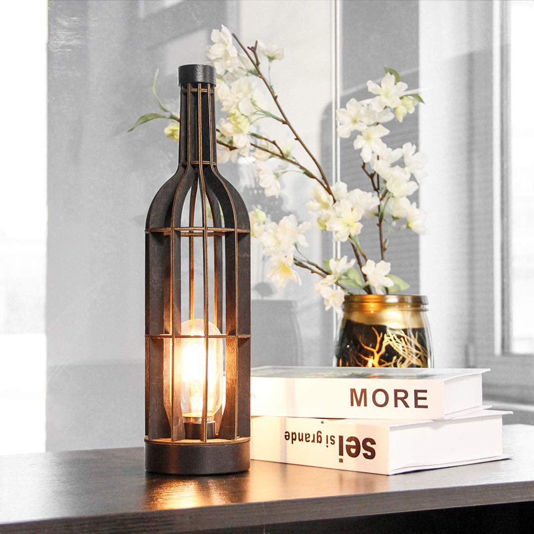 Battery Operated Table Lamp with Timer - Wooden Wine Bottle Shaped Night Light, Cordless Decorative Lamp for Bedroom, Living Room, Bathroom, Stairway, Entryway - No Plug Needed, Emergency Lighting Solution (Black)