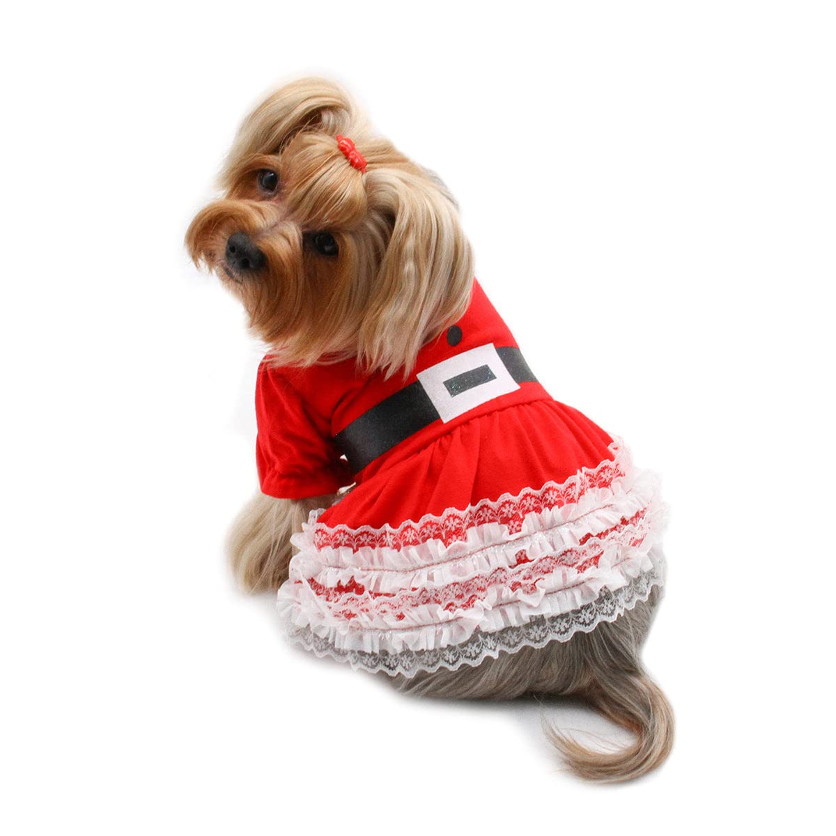 Klippo Christmas Dog Dress with Lace Ruffles & Puffy Sleeves for Small Dogs & Puppies (XS) - Perfect for Holiday Photos & Party Outfits