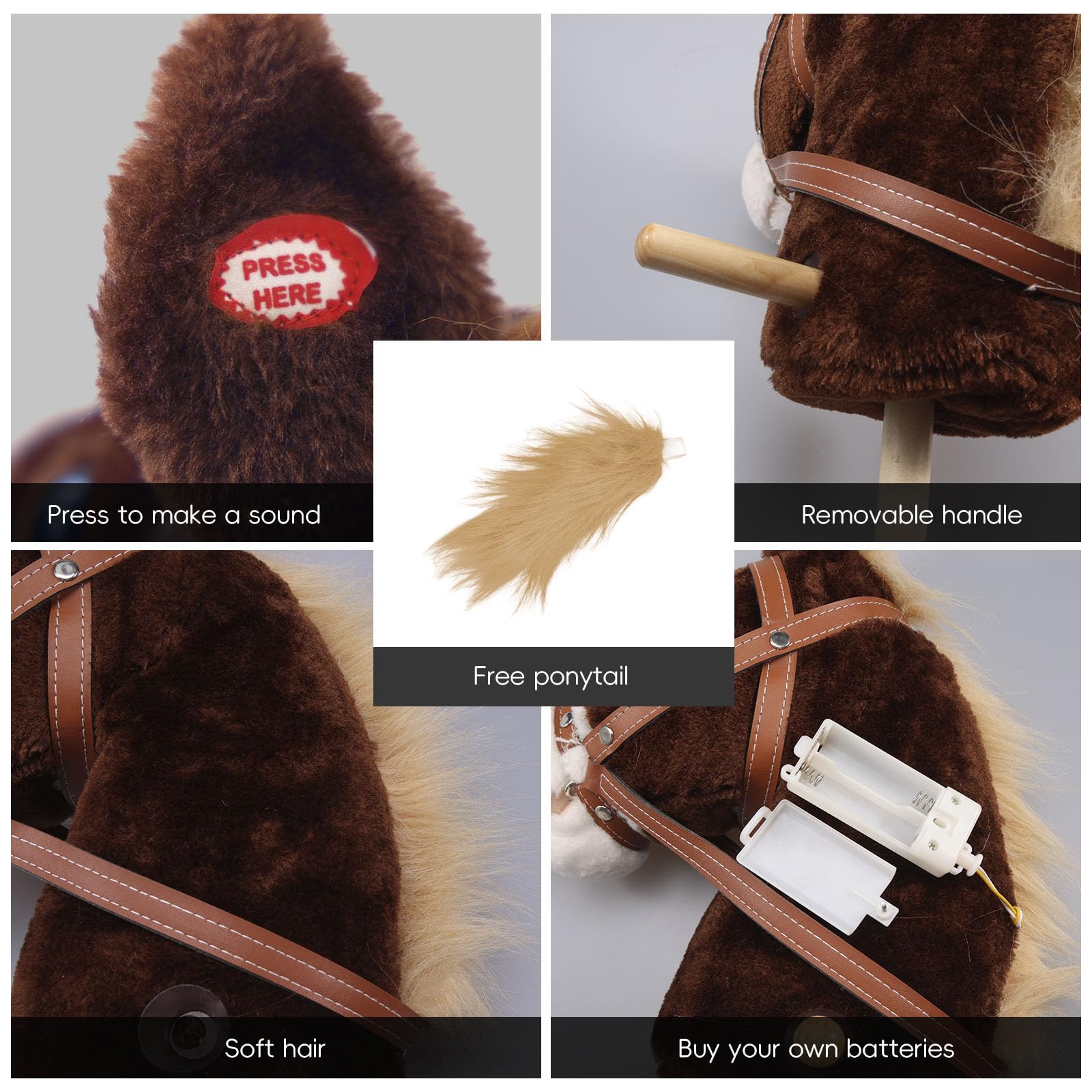 Realistic Plush Stick Horse Toy with Wooden Wheels & Galloping Sounds - Fun Pretend Play for Toddlers & Preschoolers (AA Batteries Included) - Perfect for Birthday Gifts, Outdoor Play & Imaginative Role-Playing Games