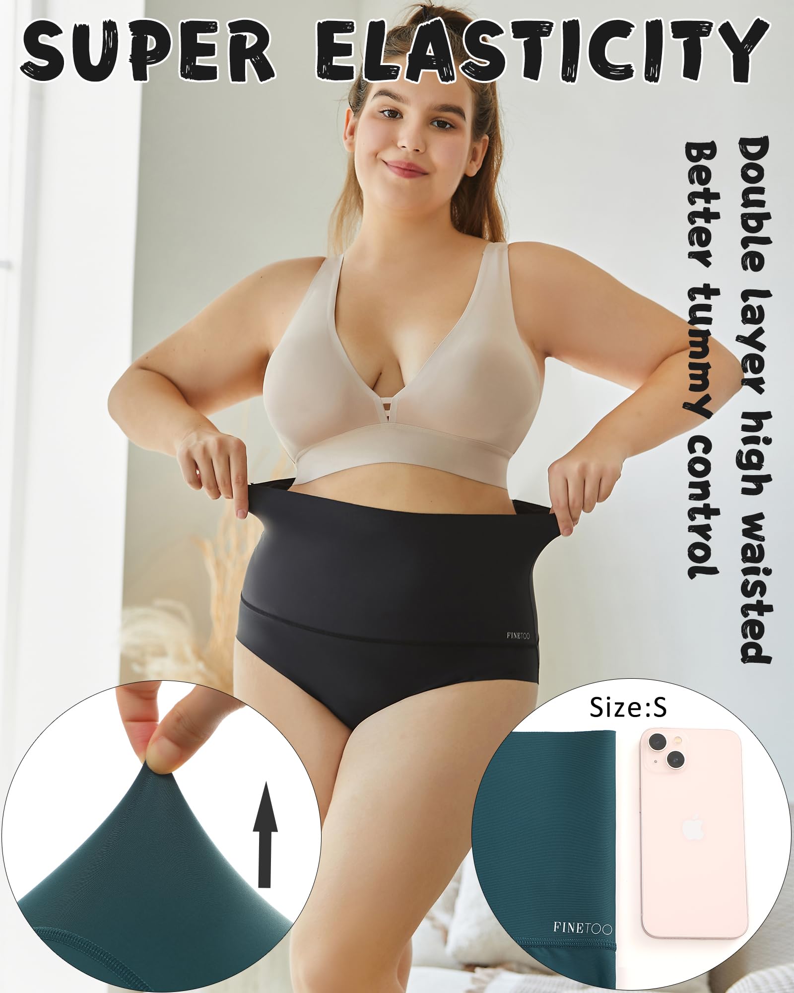 FINETOO High Waisted Tummy Control Underwear for Women - Seamless No Show Nylon Panties 4 Pack (S-XXXL) - Comfortable Shapewear for Everyday Wear, Yoga & Workout