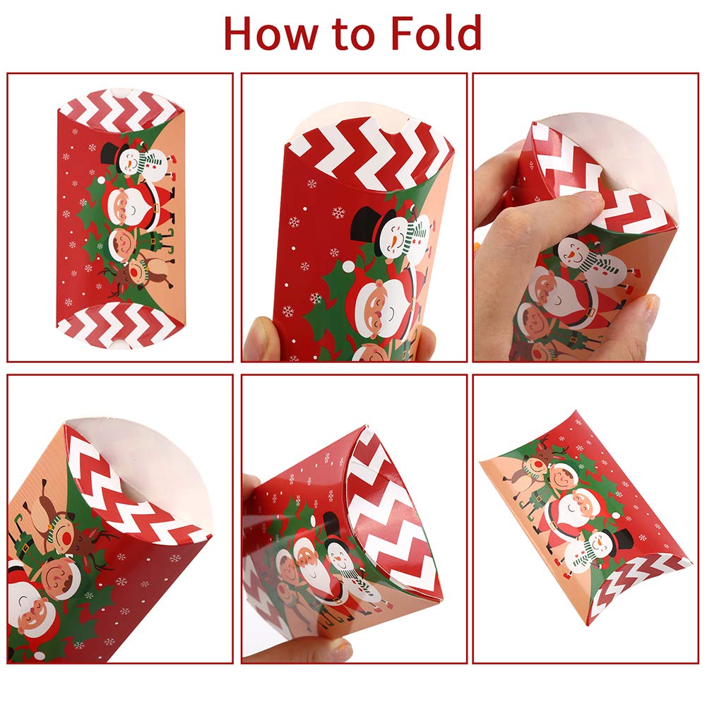 CCINEE Christmas Pillow Boxes - 50PCS Xmas Candy Gift Boxes with Red Ribbon Ties, Santa Elk Design for Holiday Party Favors, Stocking Stuffers & Christmas Gift Card Holders | Perfect for Holiday Decorations, Office Gifts & Festive Celebrations