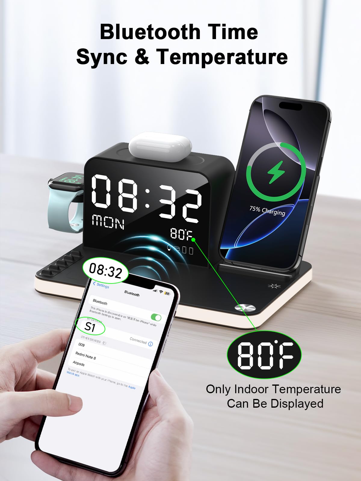 7-in-1 Wireless Charging Station for iPhone 16/15/14/13/12 Series, AirPods, iWatch & Android Phones - 33W Fast Charger with Night Light, Bluetooth TimeSync & Temperature Display | Perfect for Bedside, Office Desk & Travel Charging