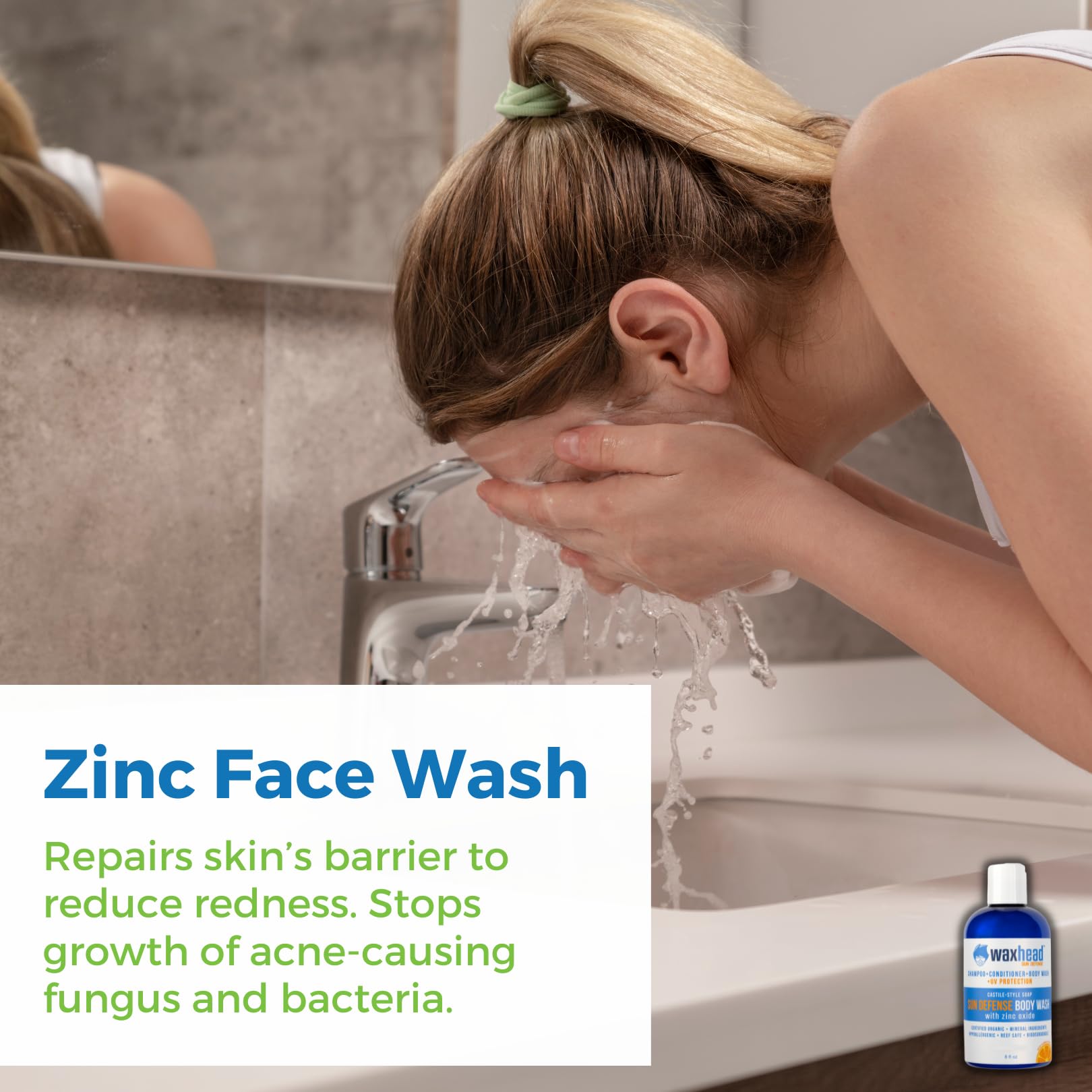 Waxhead Zinc Soap - SPF Zinc Oxide Sunscreen Body Wash for Scalp, Hair & Skin | Antifungal, Biodegradable Shower Gel | Safe for Face, Kids & Baby (8oz) | Perfect for Beach, Swimming & Outdoor Activities