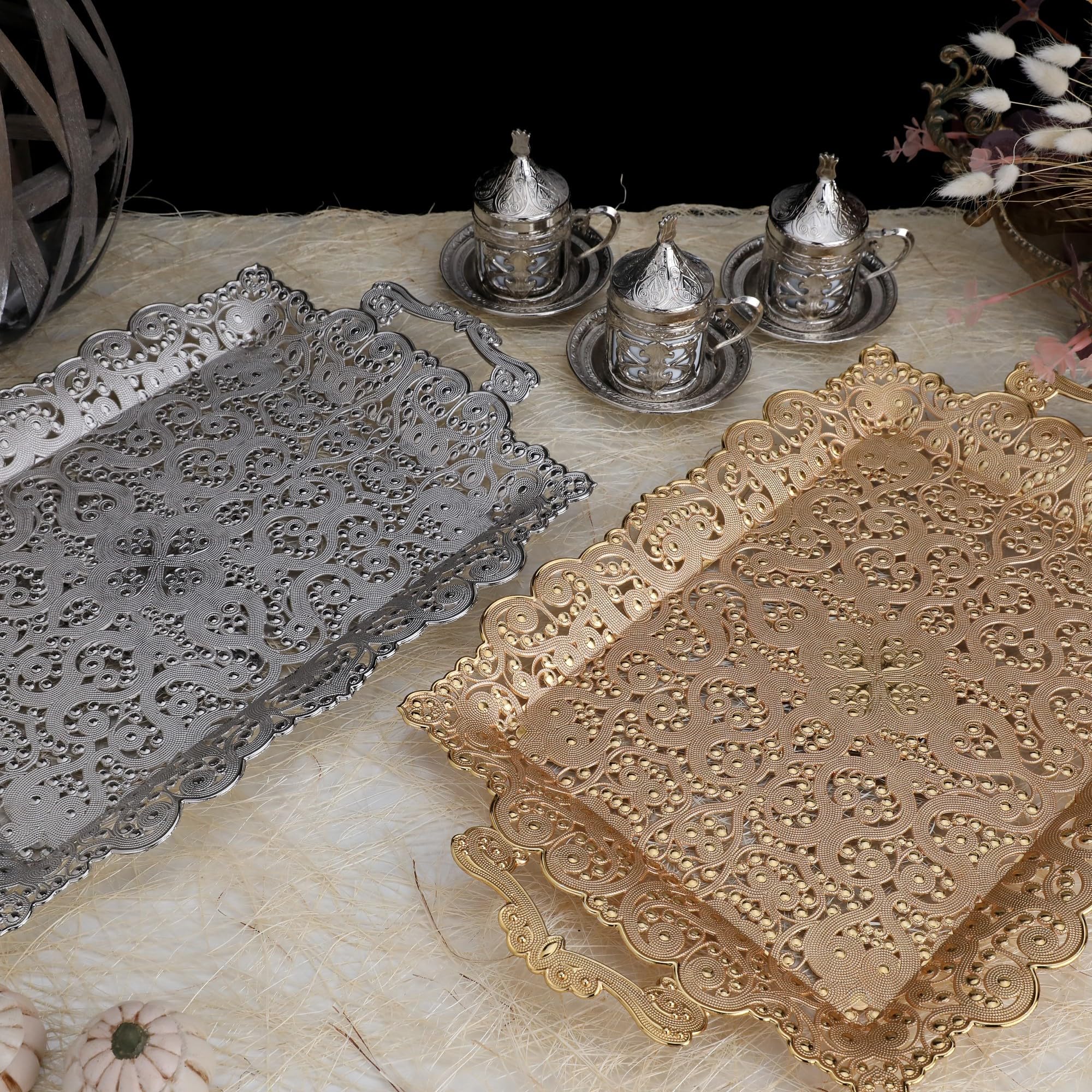Authentic Turkish Ottoman Style Double Zamak Serving Tray Set (2-Piece) - Gold & White Decorative Coffee Tea Beverage Tray with Intricate Patterns - Perfect for Home Decor, Gift Giving & Entertaining Guests