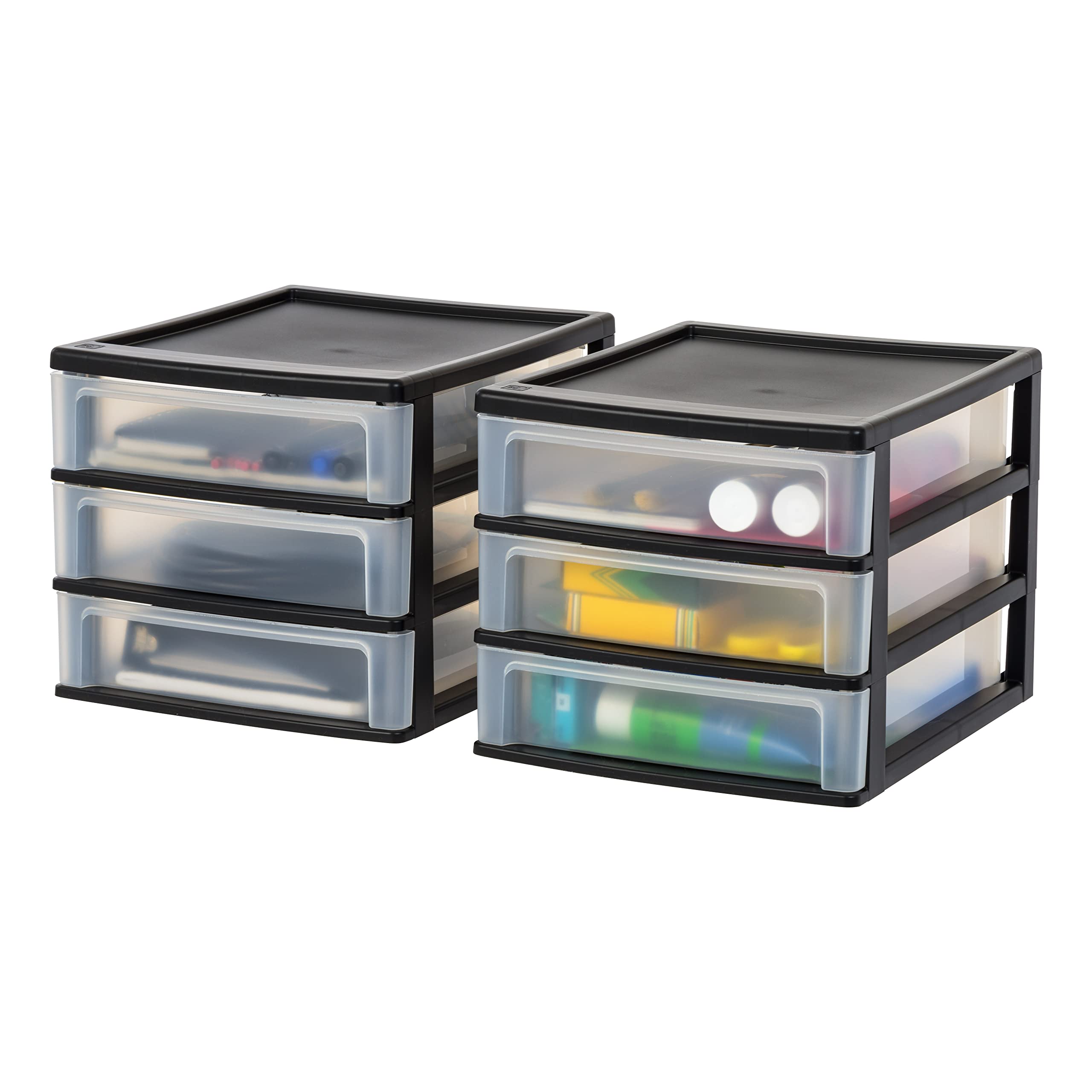 IRIS USA 3-Drawer Plastic Stacking Desk Organizer, 2-Pack - Black Medium Storage Bins for Makeup, Nail Polish, Office Supplies, Crafts & Small Items | Perfect for Vanity, Bathroom, Kitchen, Garage & Home Organization